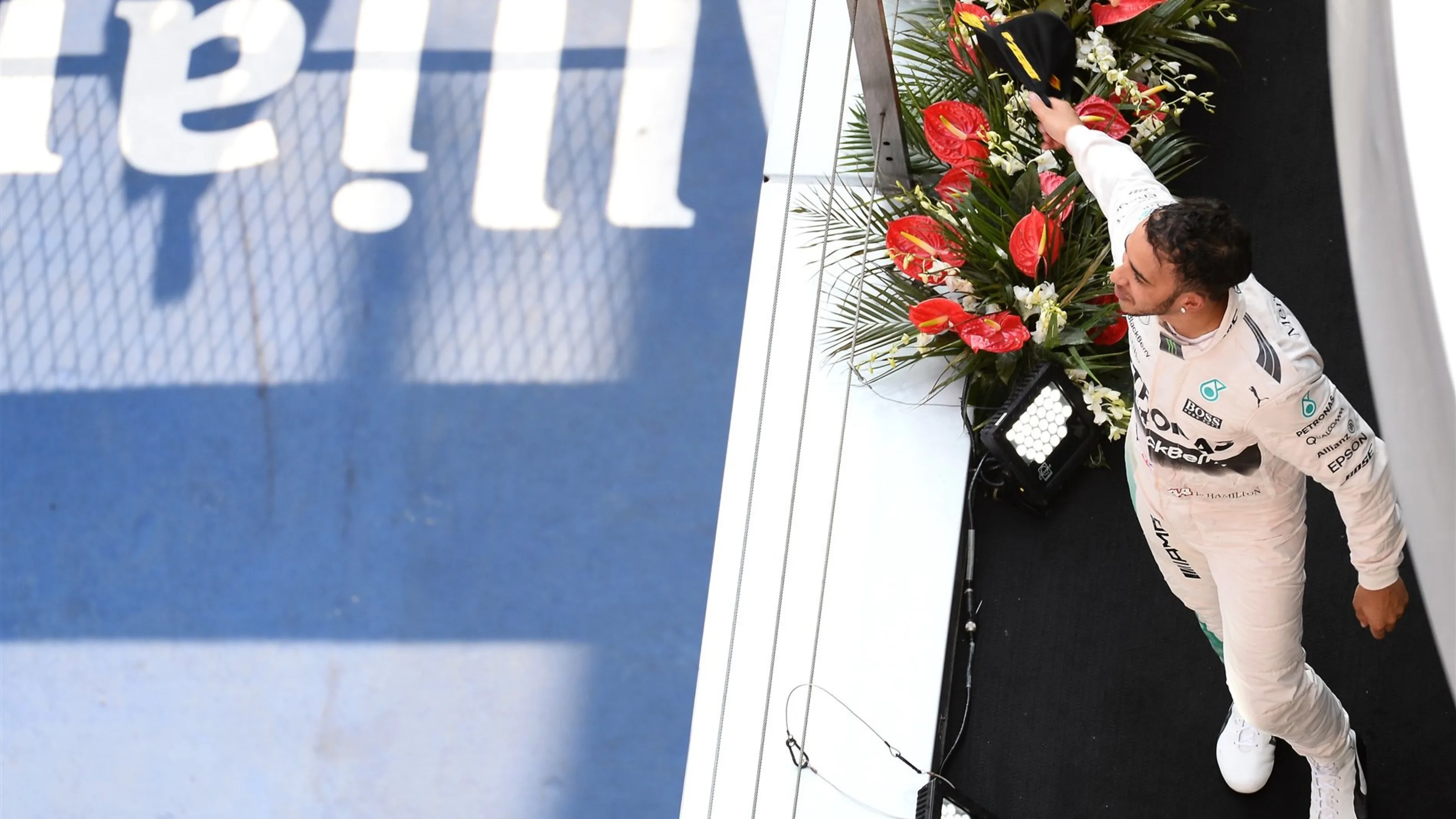 Lewis Hamilton (GBR) Mercedes AMG F1 celebrates on the podium at Formula One World Championship,