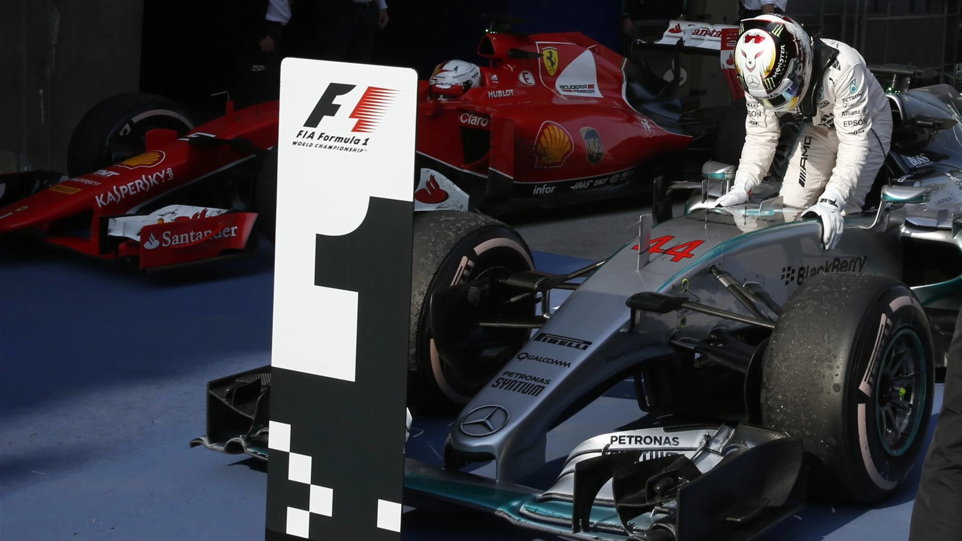 Lewis Hamilton (GBR) Mercedes AMG F1 W06 in parc ferme at Formula One World Championship, Rd3,