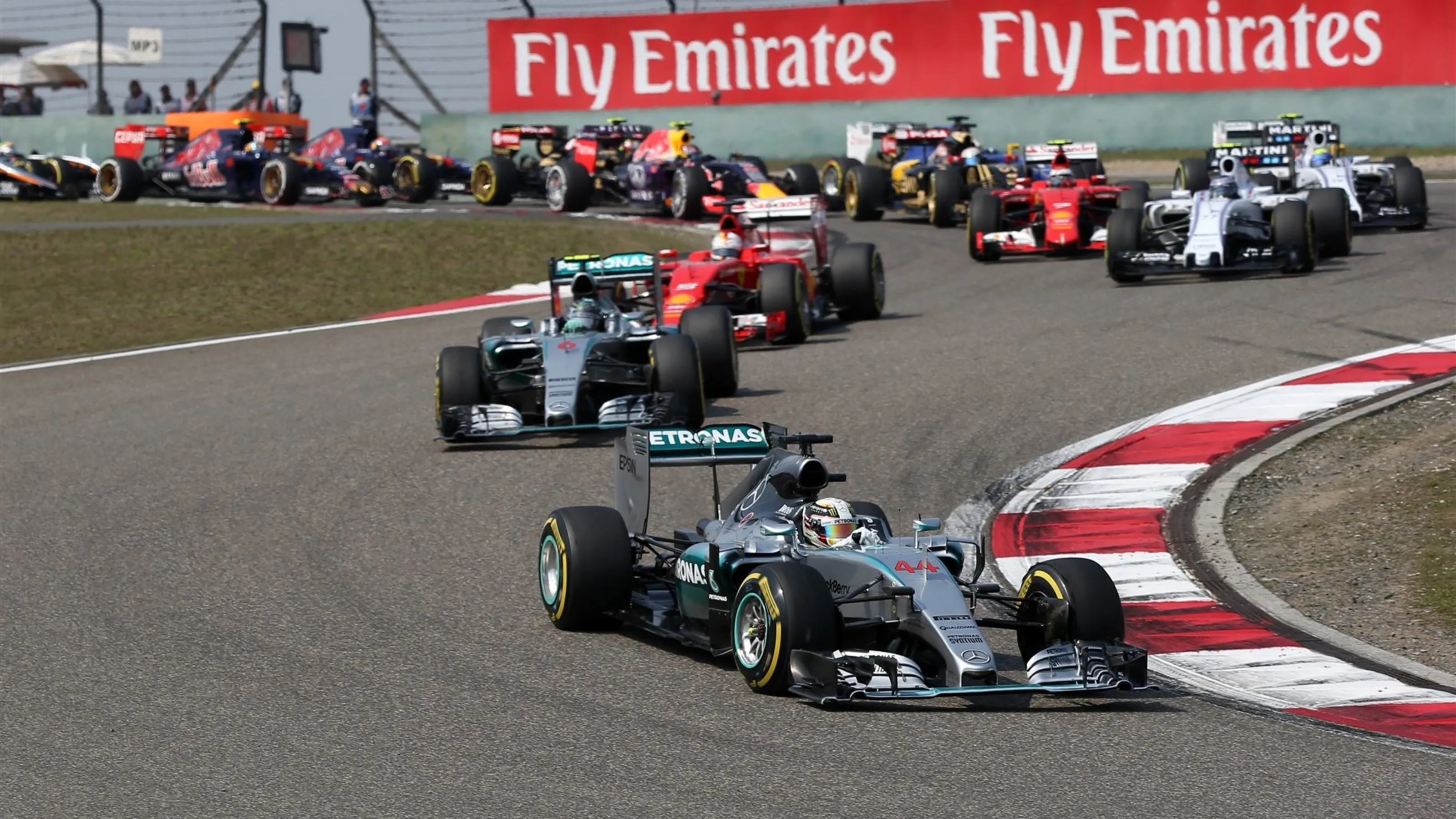 Lewis Hamilton (GBR) Mercedes AMG F1 W06 leads at the start of the race at the start of the race at