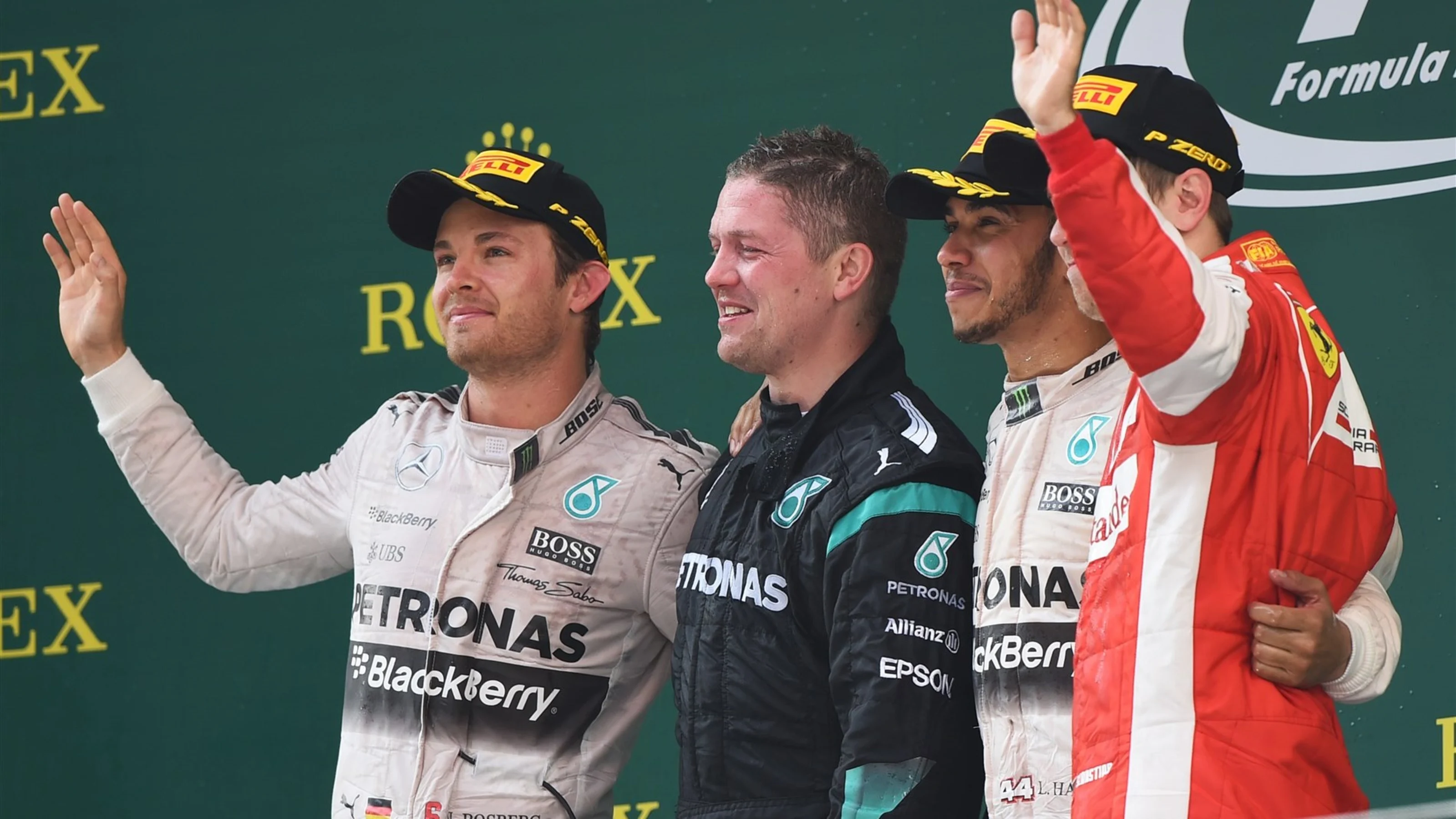 (L to R): Nico Rosberg (GER) Mercedes AMG F1, Lewis Hamilton (GBR) Mercedes AMG F1 and Sebastian
