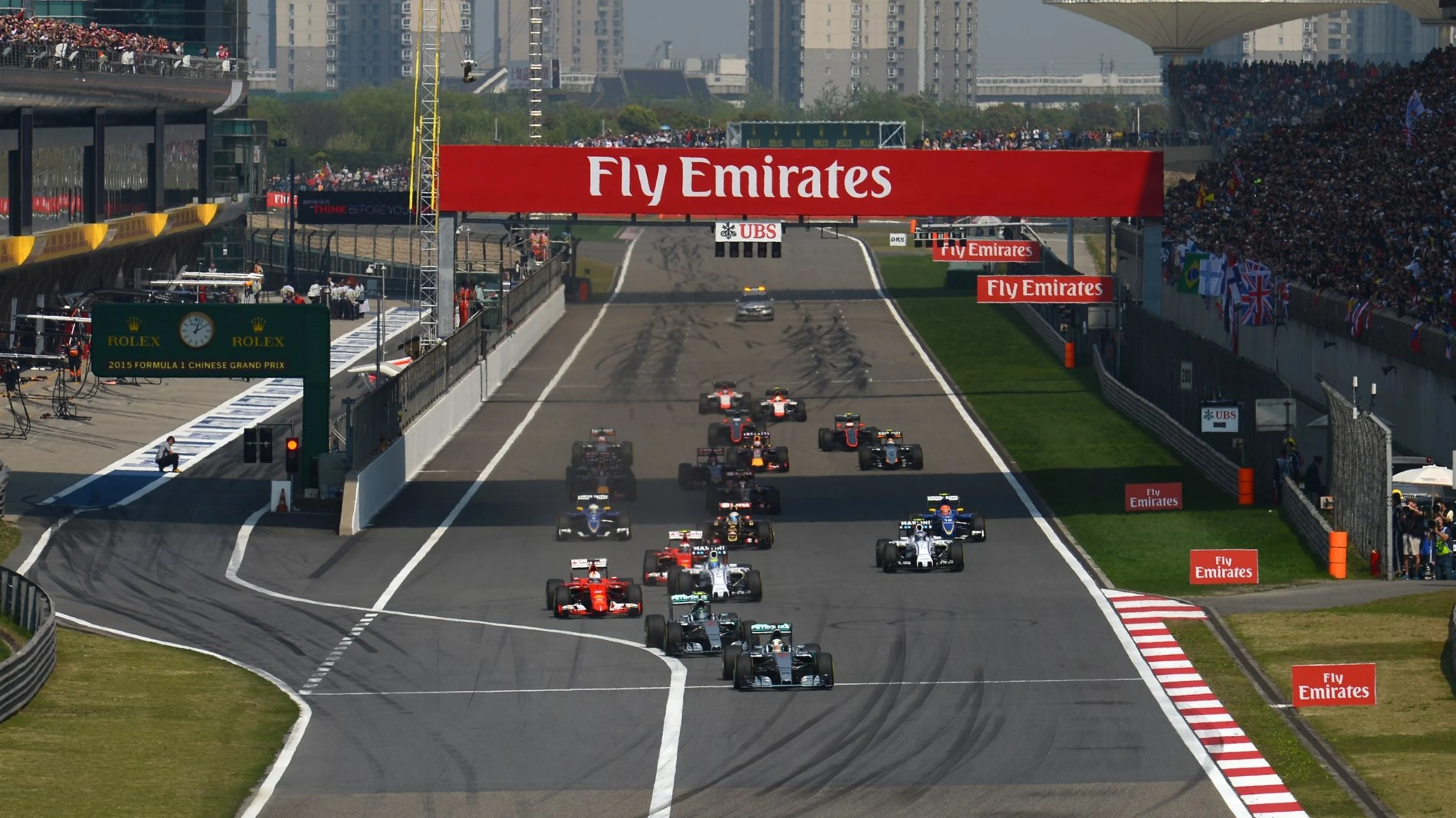 Lewis Hamilton (GBR) Mercedes AMG F1 W06 leads at the start of the race at Formula One World