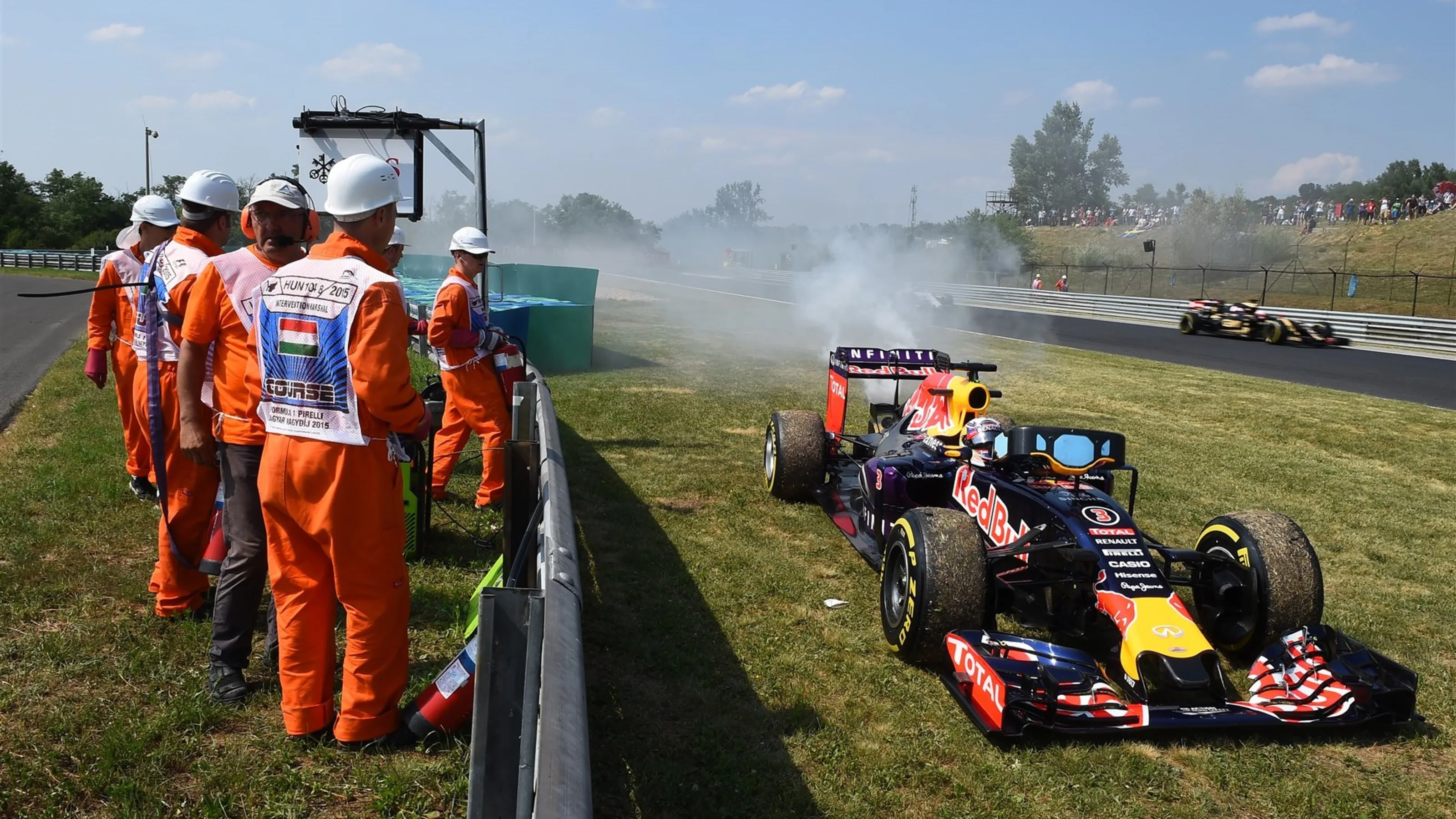 Daniel Ricciardo (AUS) Red Bull Racing RB11 suffered engine failure in FP2 at Formula One World