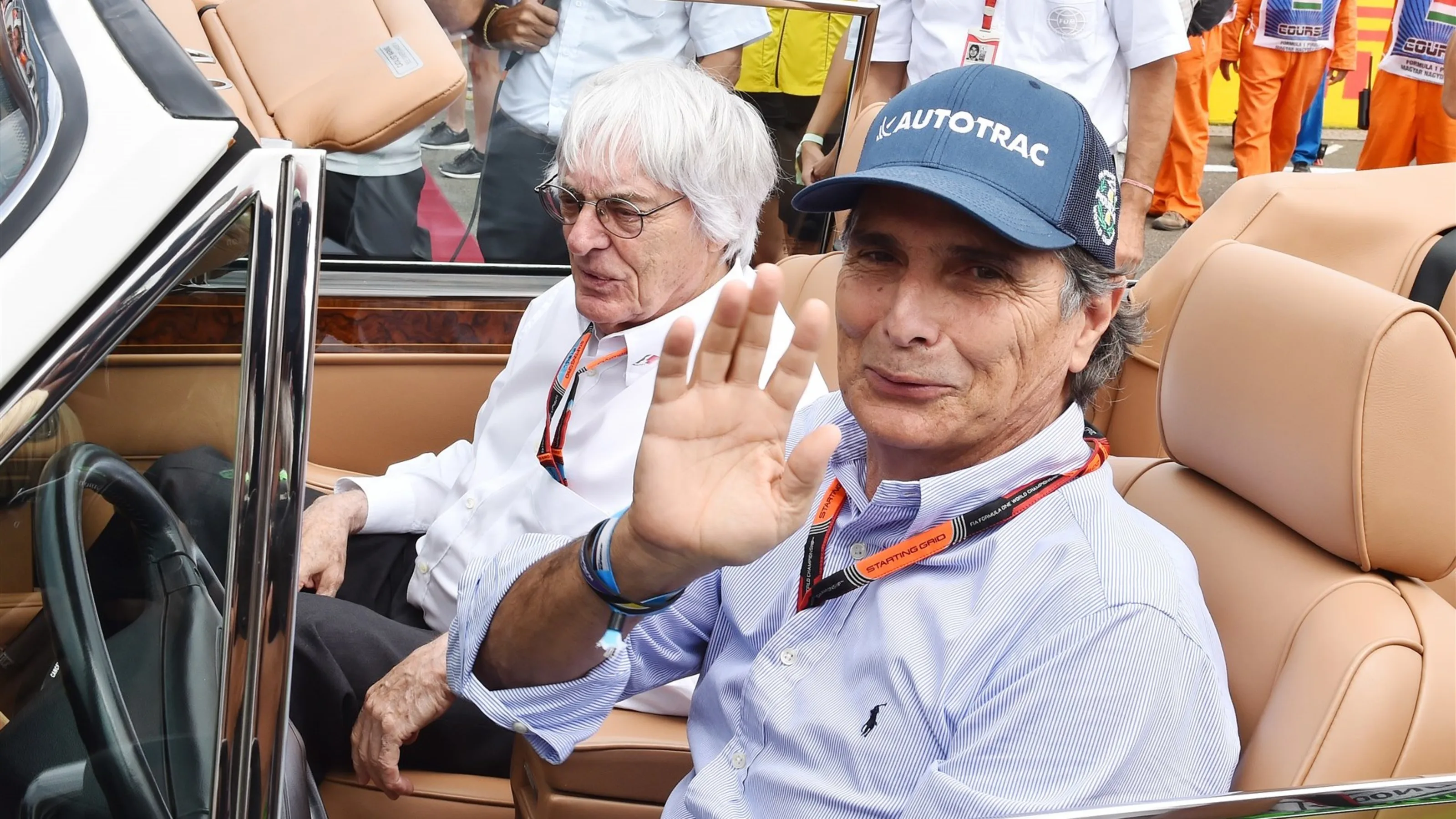 Nelson Piquet (BRA) and Bernie Ecclestone (GBR) CEO Formula One Group (FOM) in a Rolls Royce on the