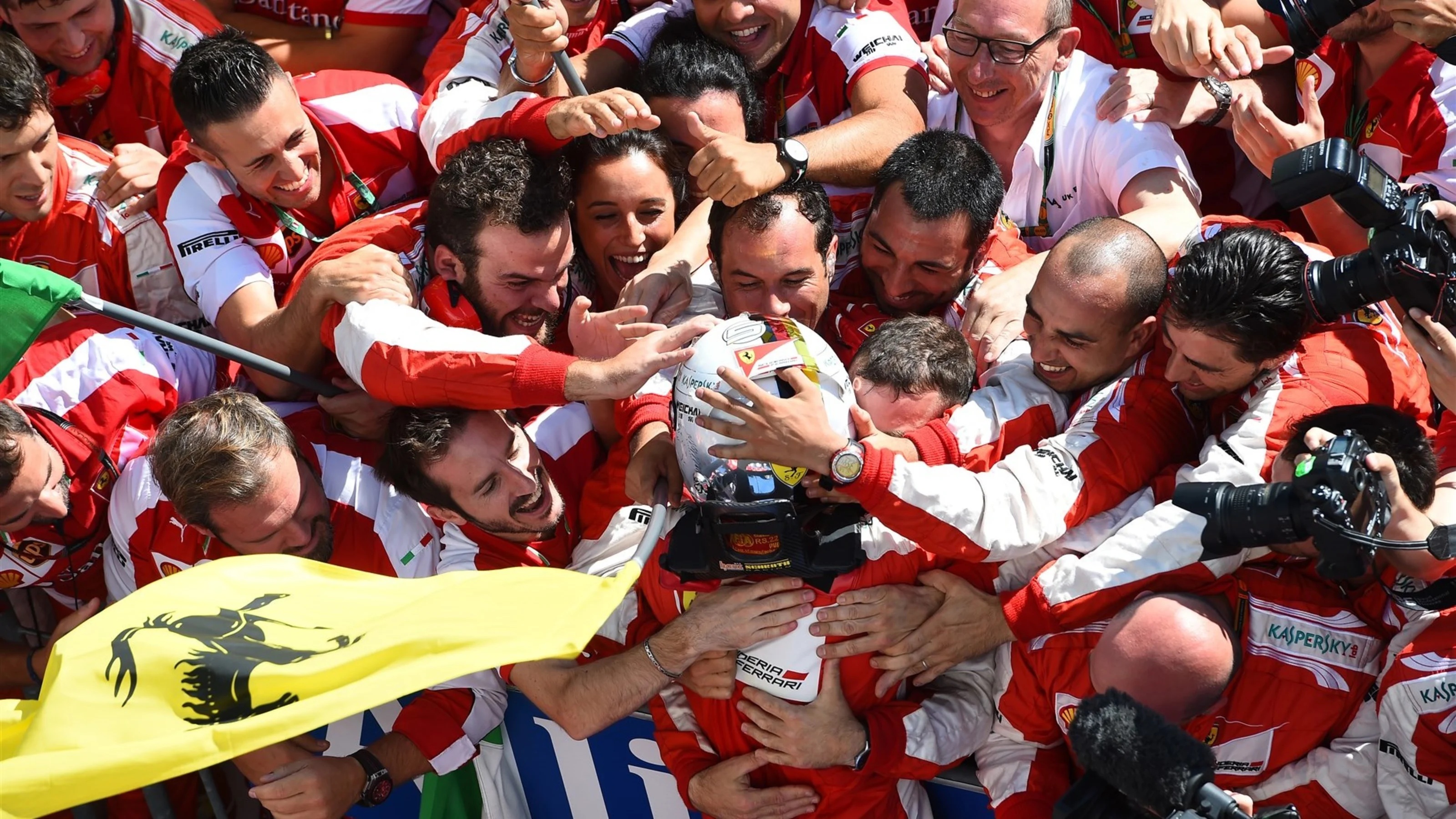 Race winner Sebastian Vettel (GER) Ferrari celebrates in parc ferme at Formula One World
