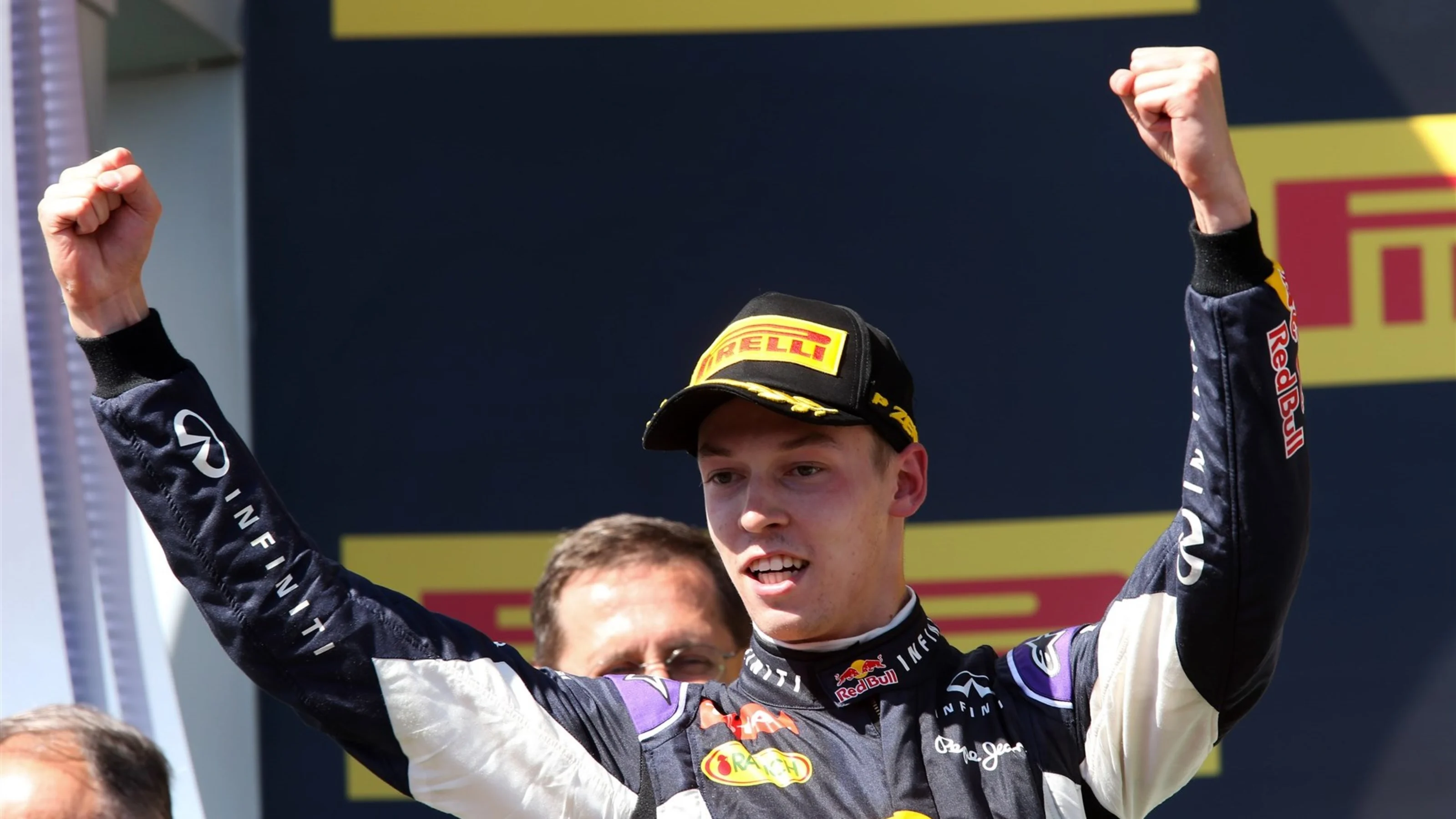 Daniil Kyvat (RUS) Red Bull Racing celebrates on the podium at Formula One World Championship,