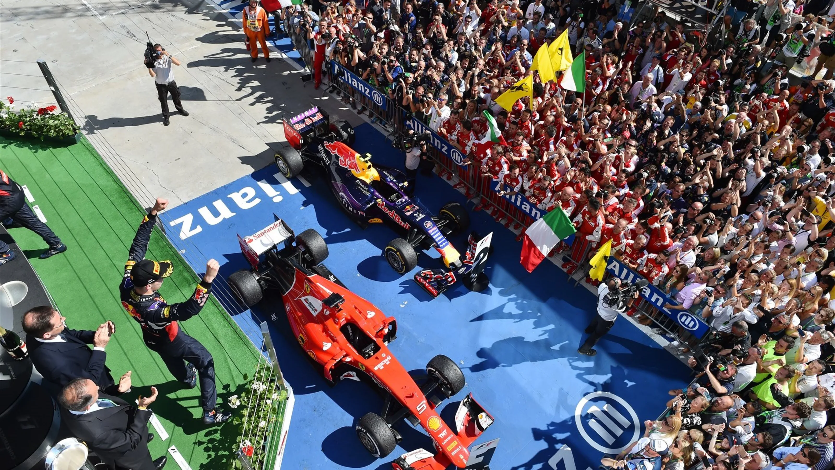 Daniil Kvyat (RUS) Red Bull Racing RB11 celebrates on the podium at Formula One World Championship,