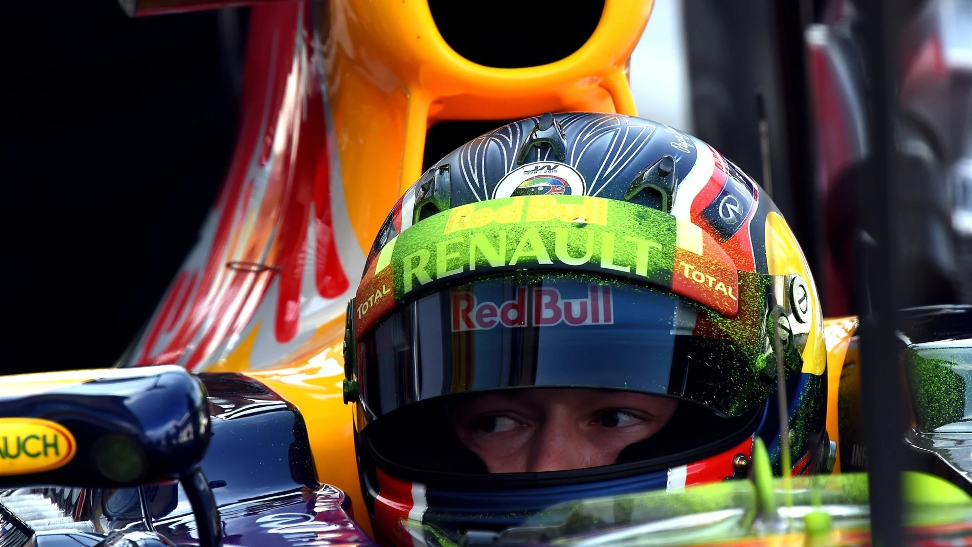 Daniil Kvyat (RUS) Red Bull Racing RB11 with aero paint on his helmet at Formula One World