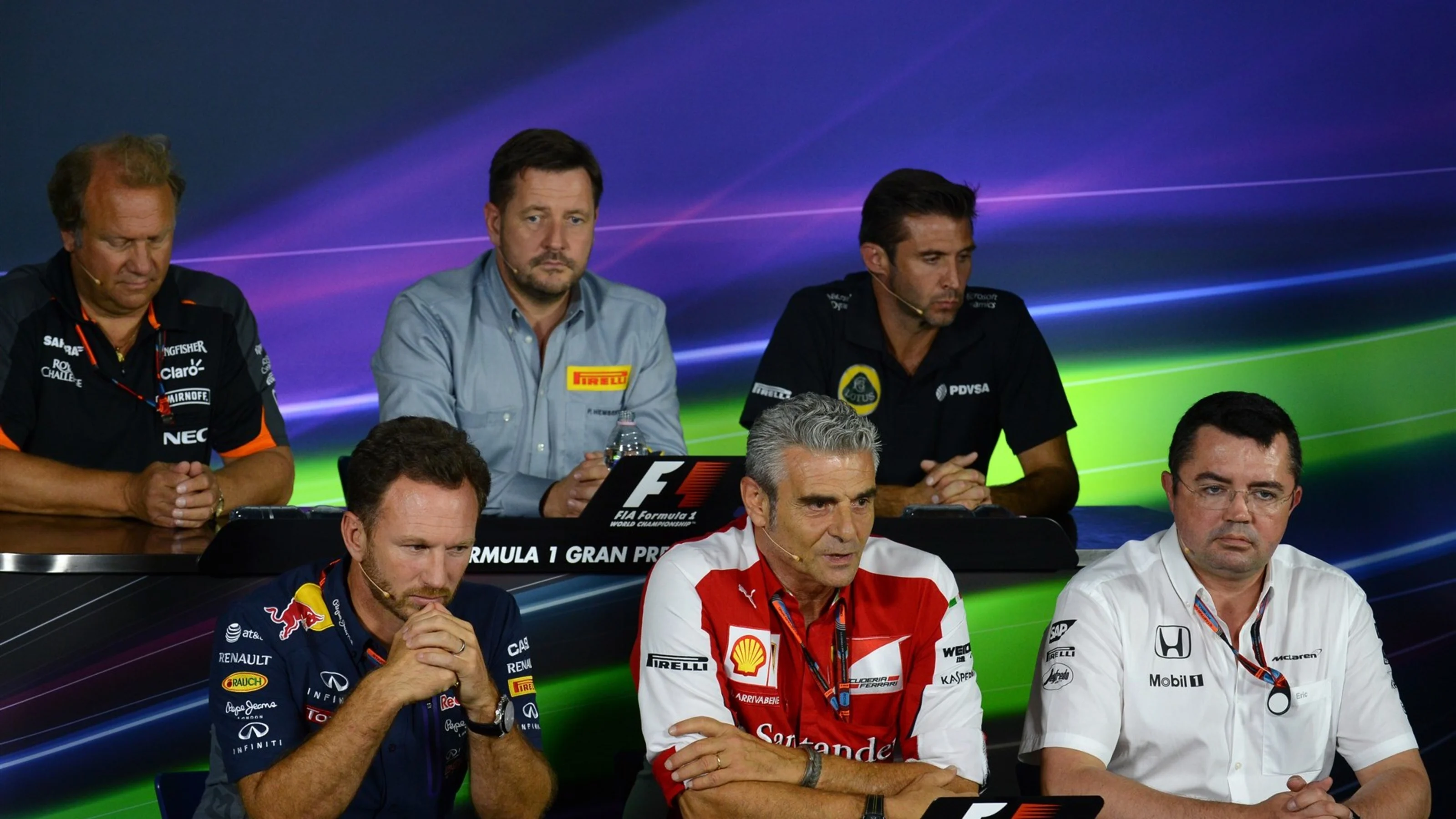 (L to R): Robert Fearnley (GBR) Force India F1 Team, Paul Hembery (GBR) Pirelli Motorsport