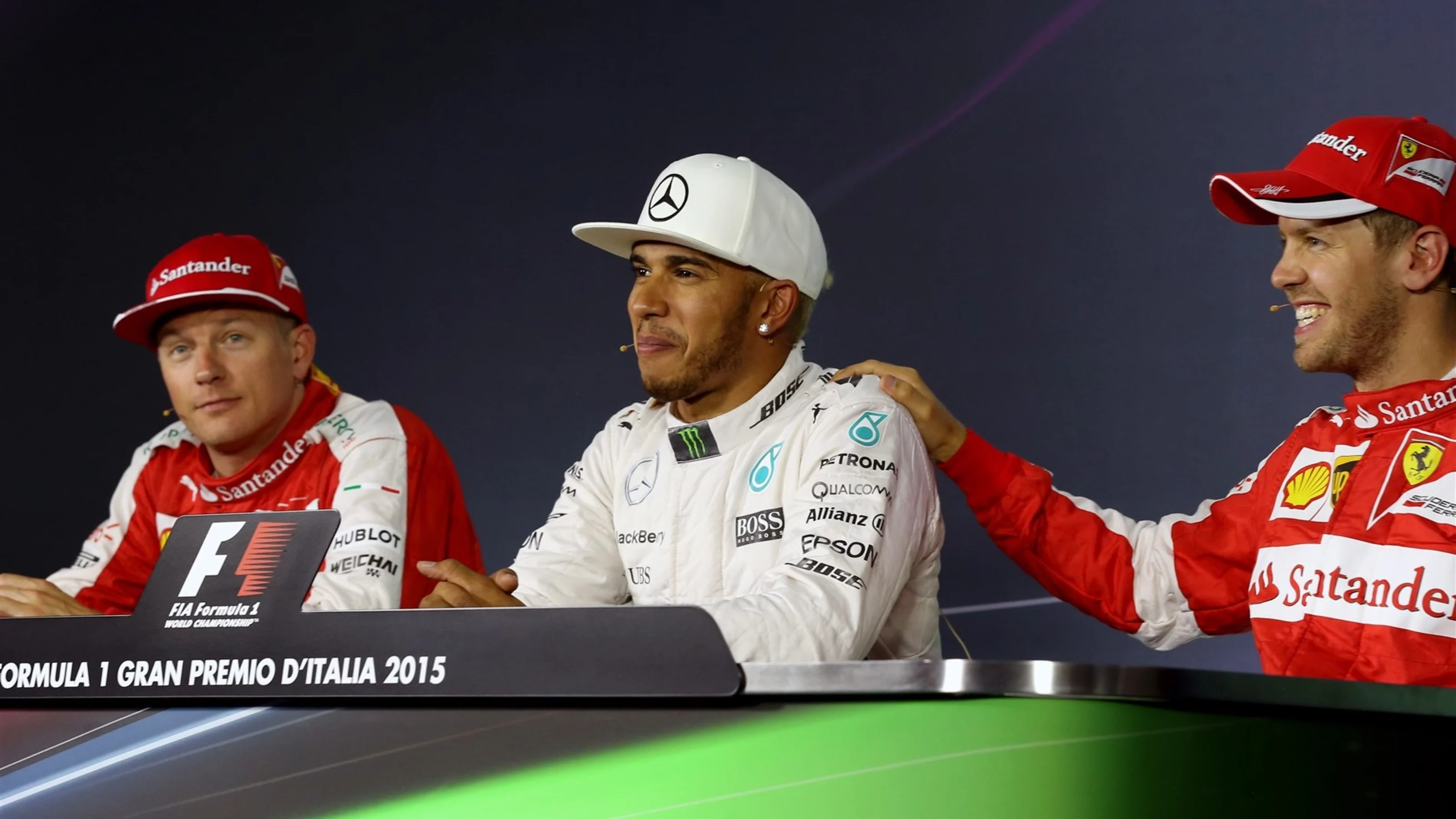 (L to R): Kimi Raikkonen (FIN) Ferrari, pole sitter Lewis Hamilton (GBR) Mercedes AMG F1 and