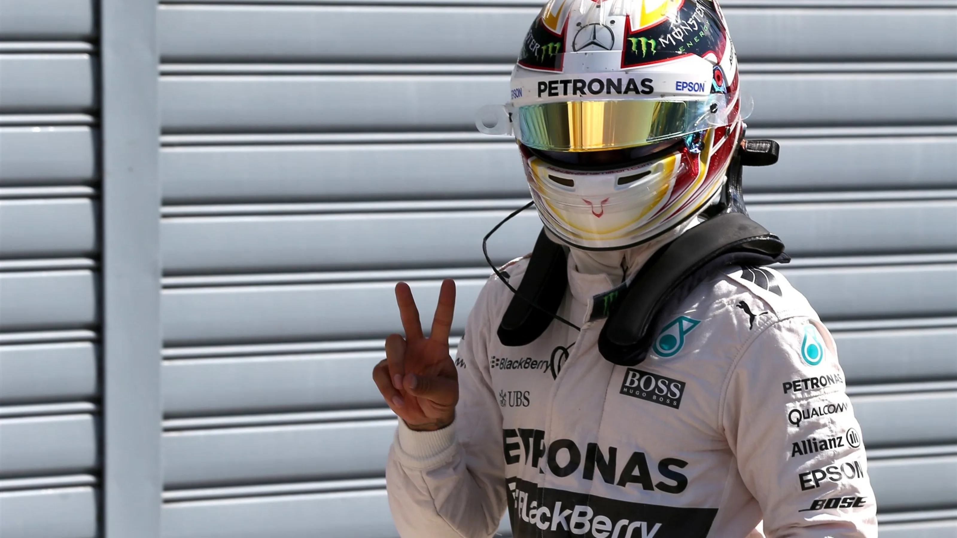 Pole sitter Lewis Hamilton (GBR) Mercedes AMG F1 celebrates in parc ferme at Formula One World