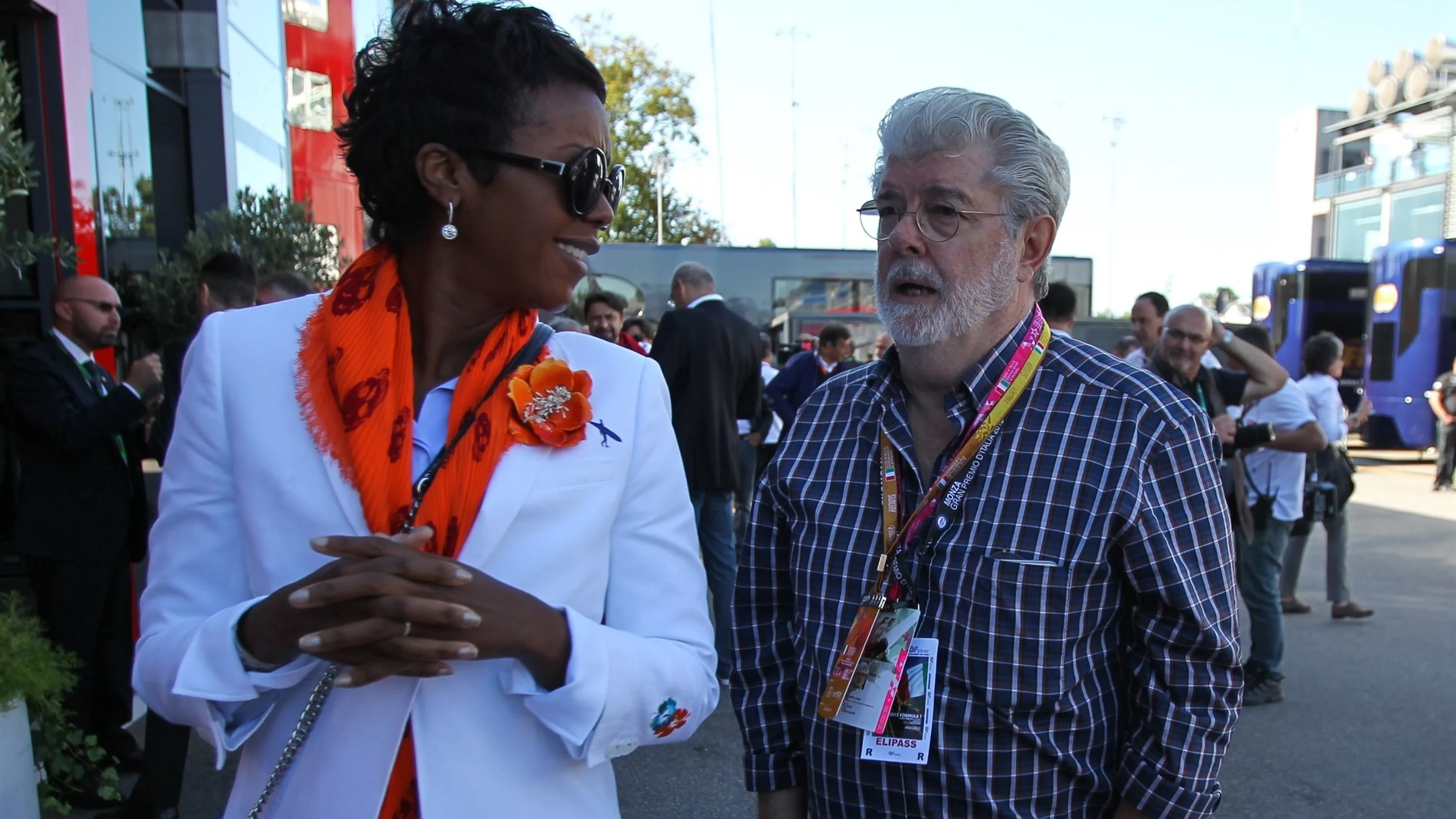 George Lucas (USA) with his partner Mellody Hobson (USA) at Formula One World Championship, Rd12,