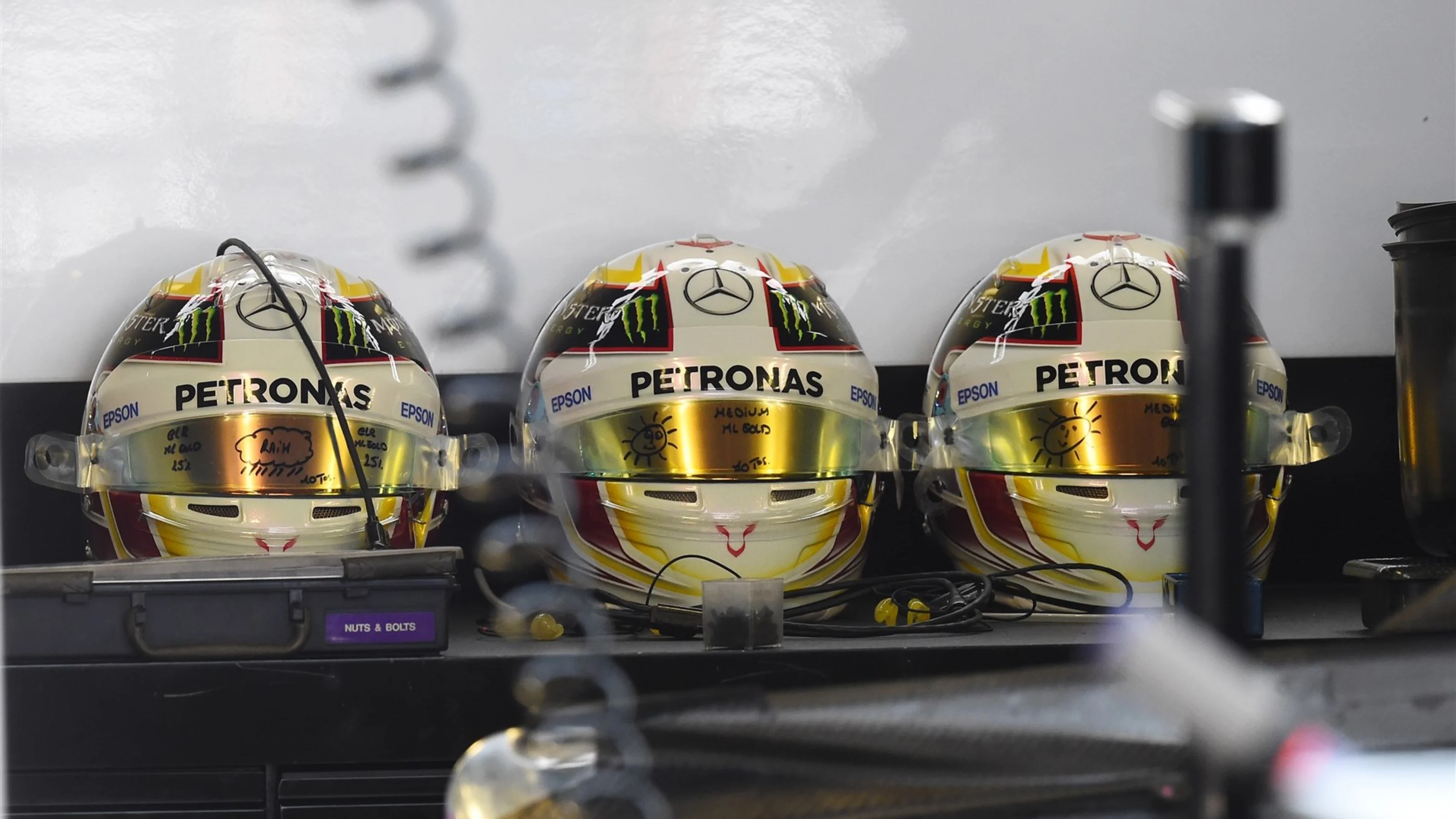 The race helmets of Lewis Hamilton (GBR) Mercedes AMG F1 at Formula One World Championship, Rd12,
