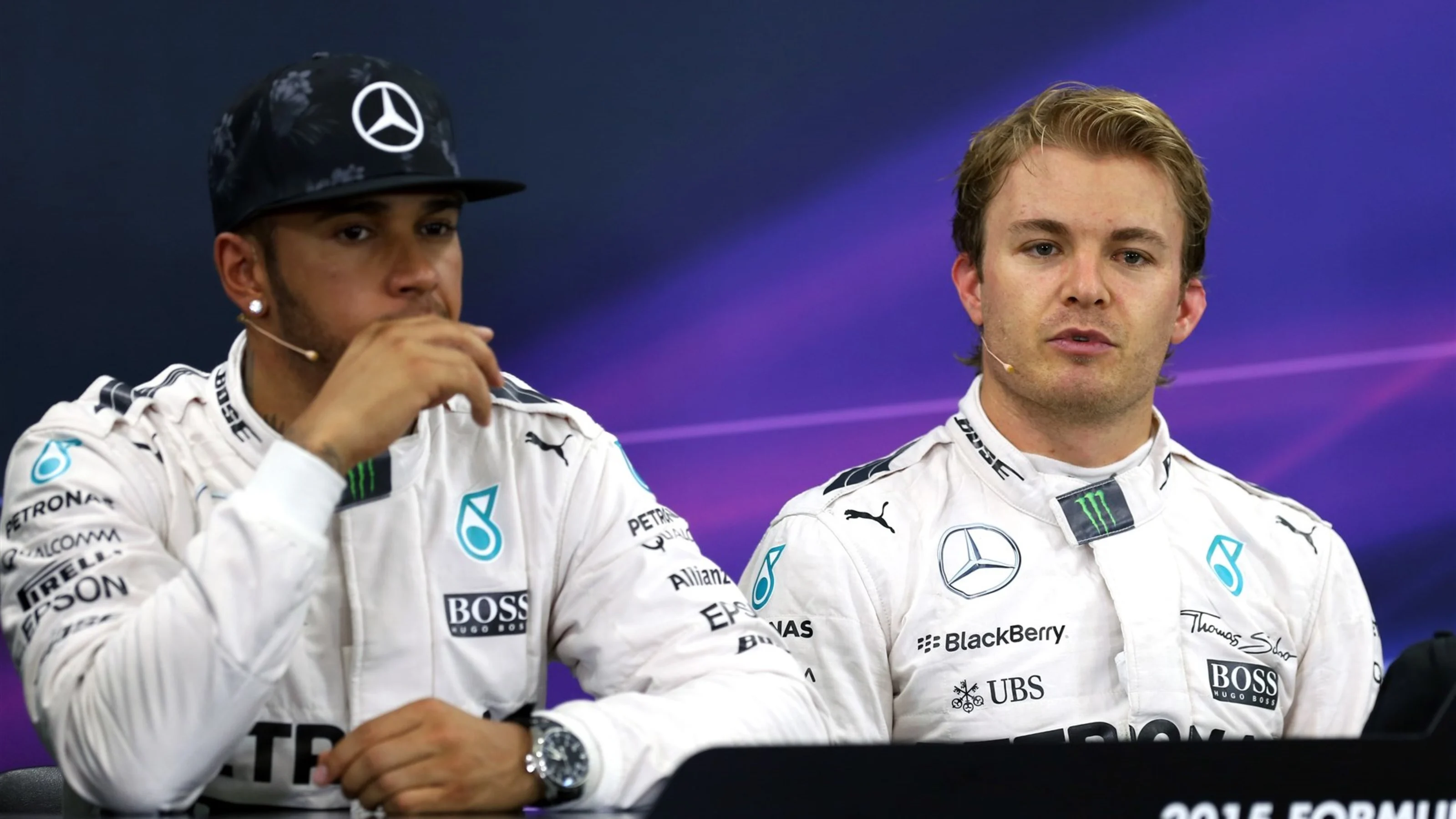 Lewis Hamilton (GBR) Mercedes AMG F1 and pole sitter Nico Rosberg (GER) Mercedes AMG F1 in the