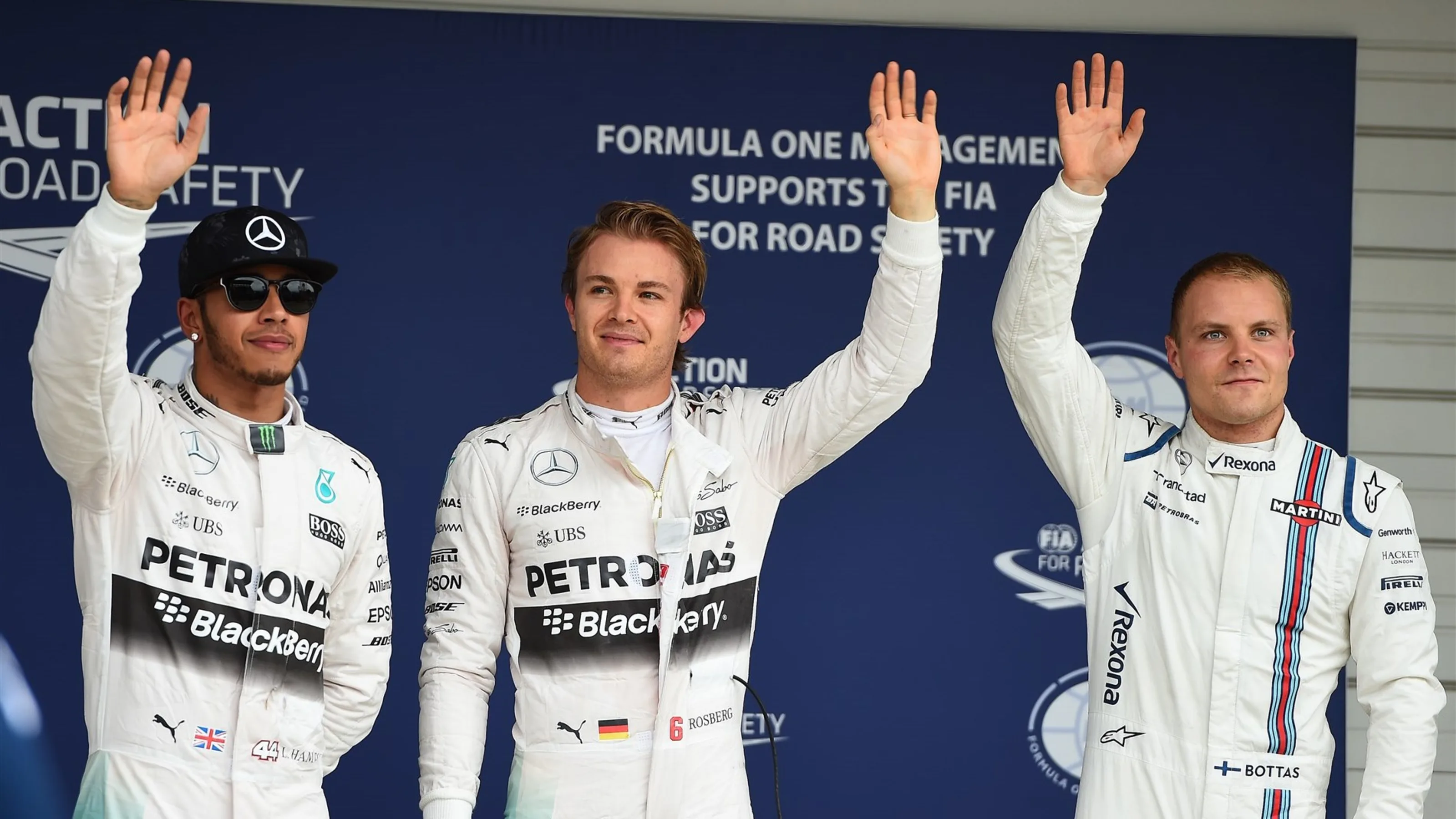 (L to R): Lewis Hamilton (GBR) Mercedes AMG F1, pole sitter Nico Rosberg (GER) Mercedes AMG F1 and