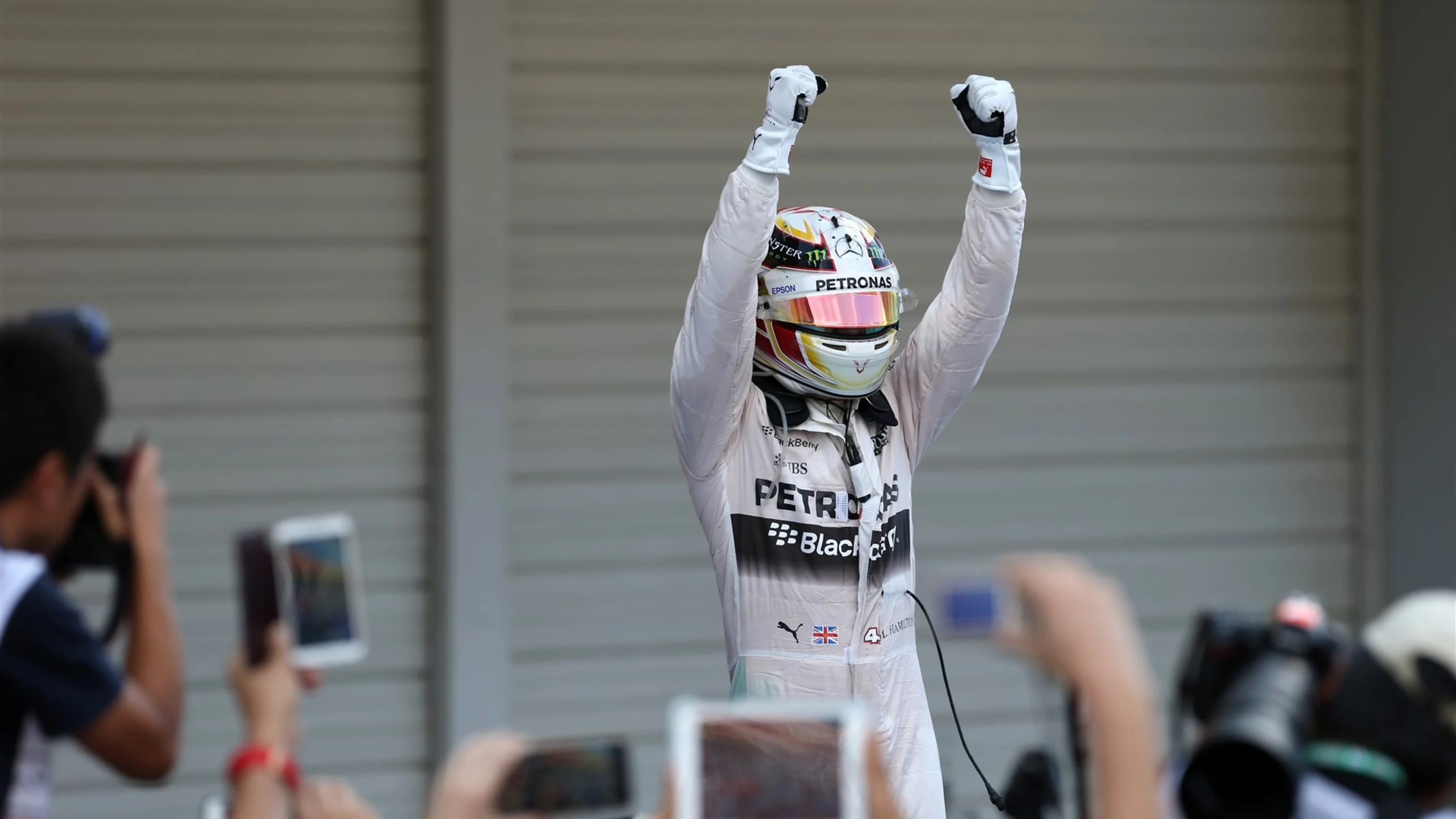 Race winner Lewis Hamilton (GBR) Mercedes AMG F1 celebrates in parc ferme at Formula One World