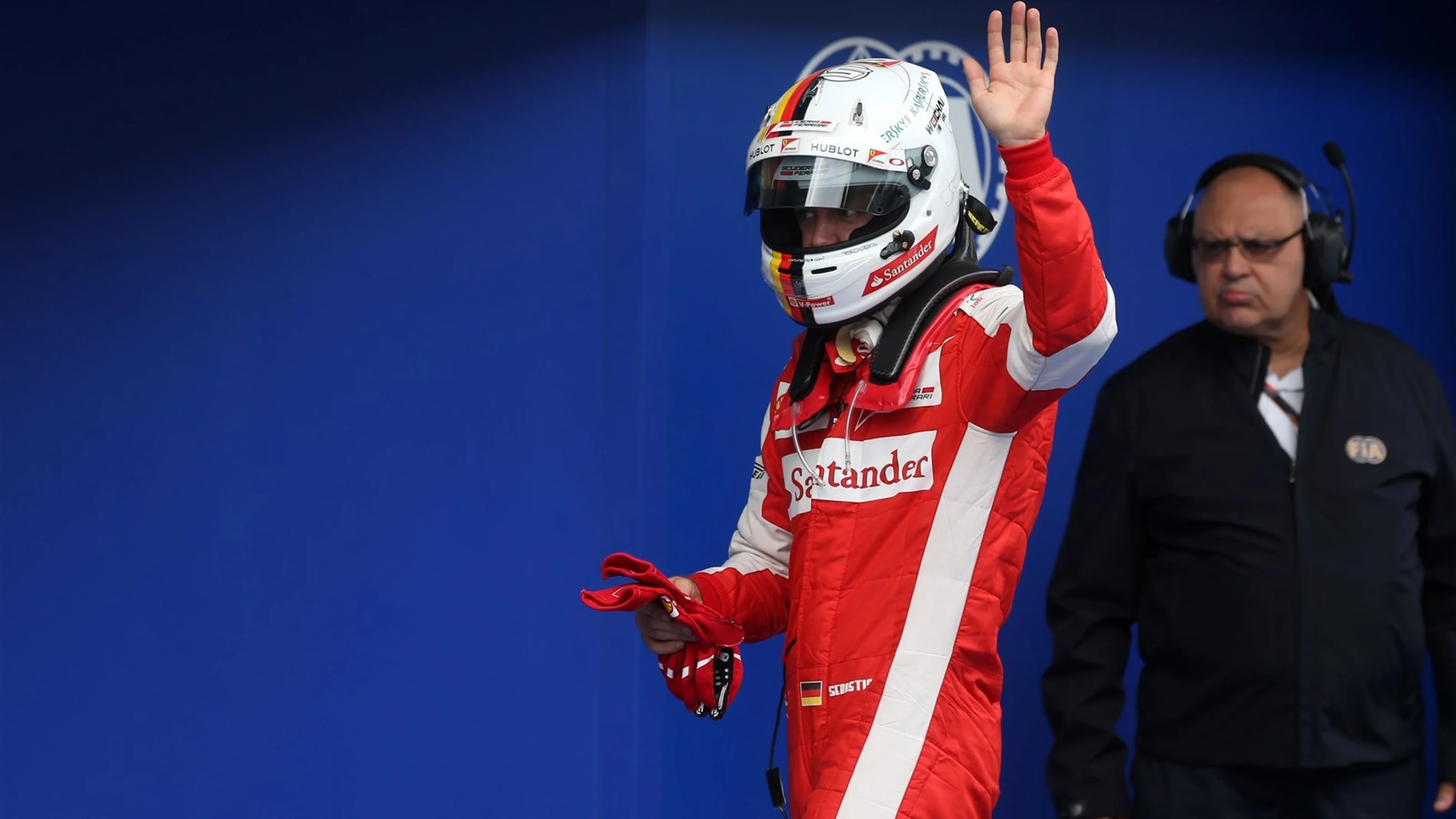 Sebastian Vettel (GER) Ferrari celebrates second place in parc ferme at Formula One World
