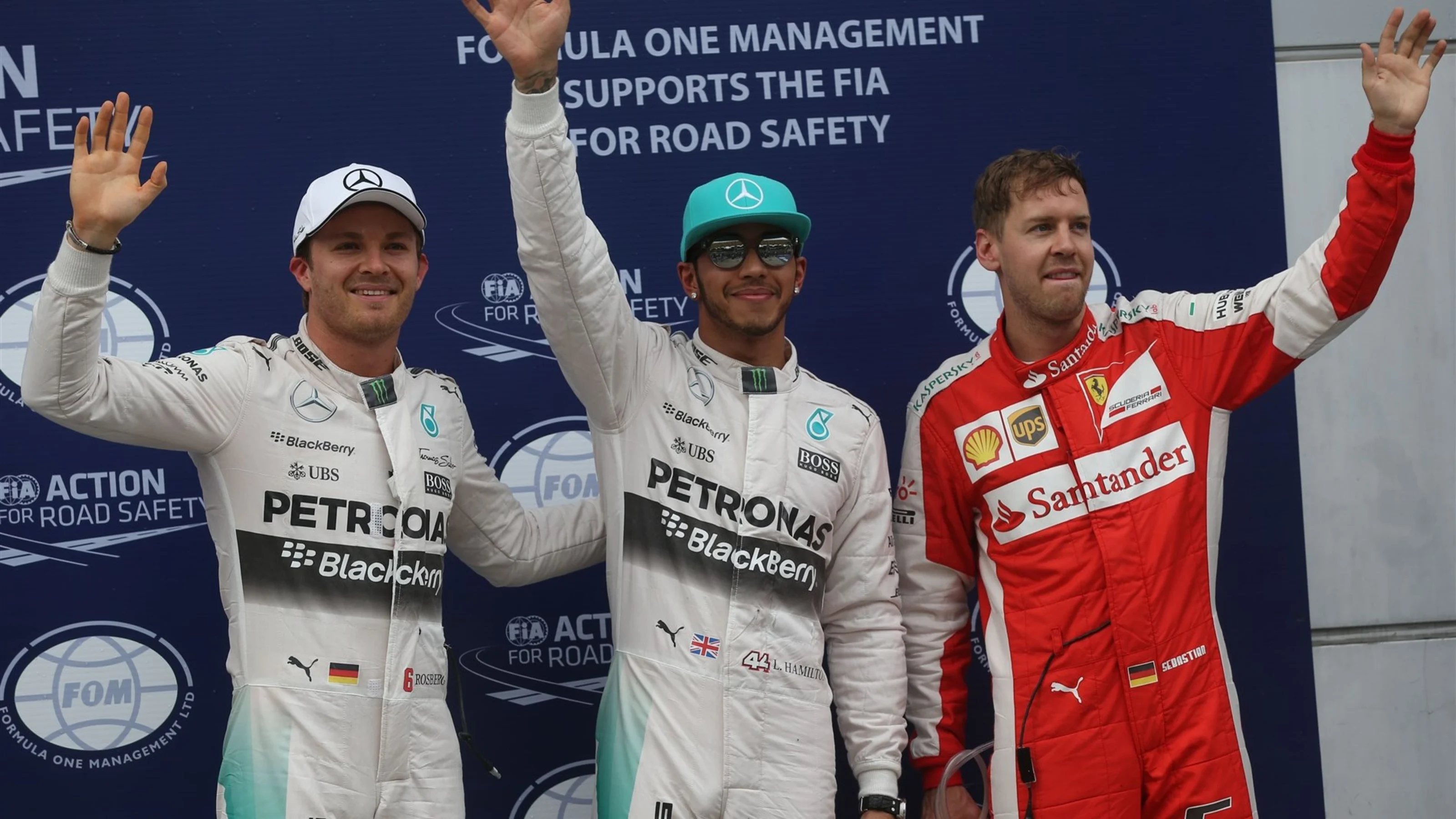 (L to R): Third placed Nico Rosberg (GER) Mercedes AMG F1, pole sitter Lewis Hamilton (GBR)