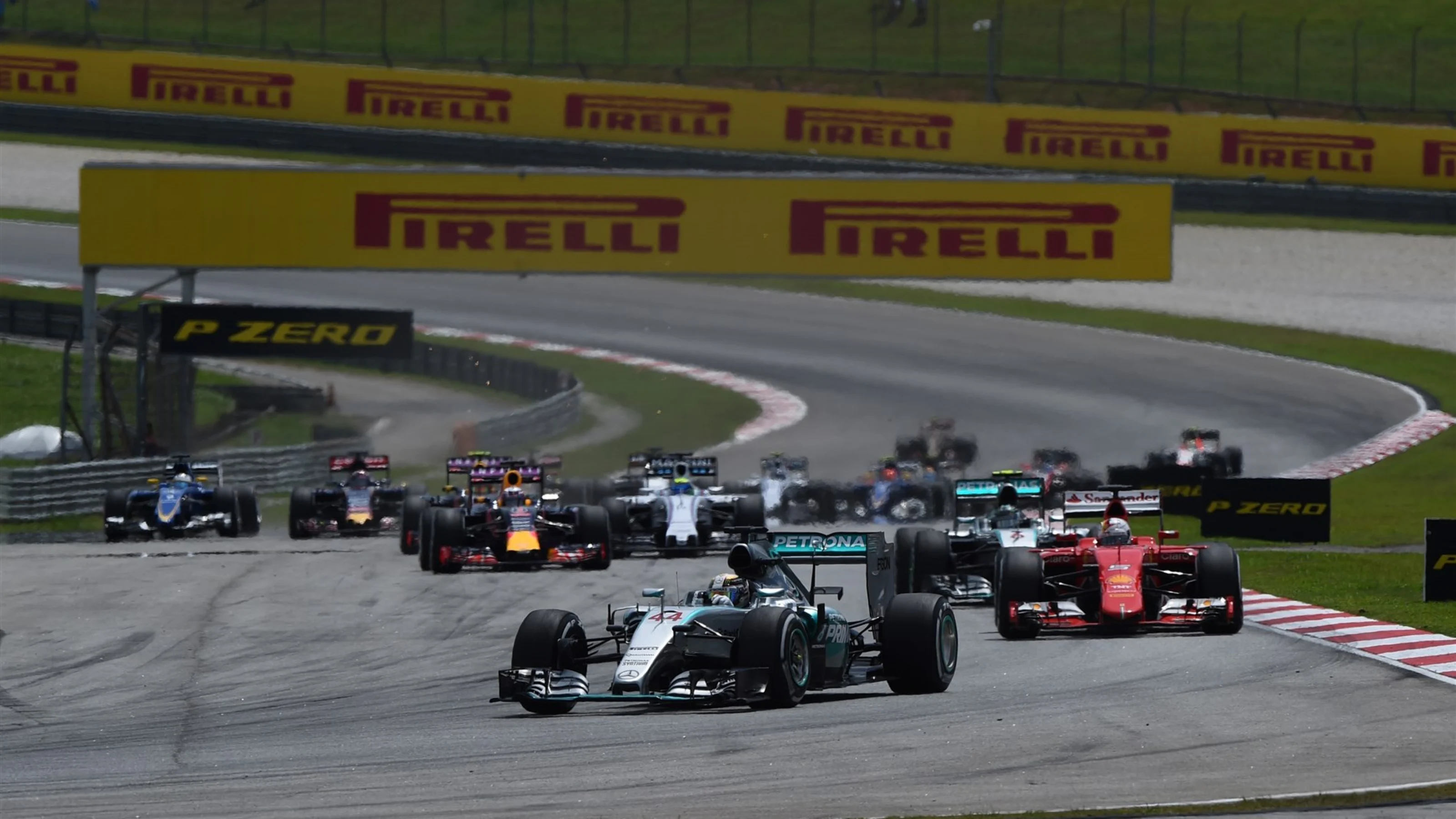 Lewis Hamilton (GBR) Mercedes AMG F1 W06 leads at the start of the race at Formula One World