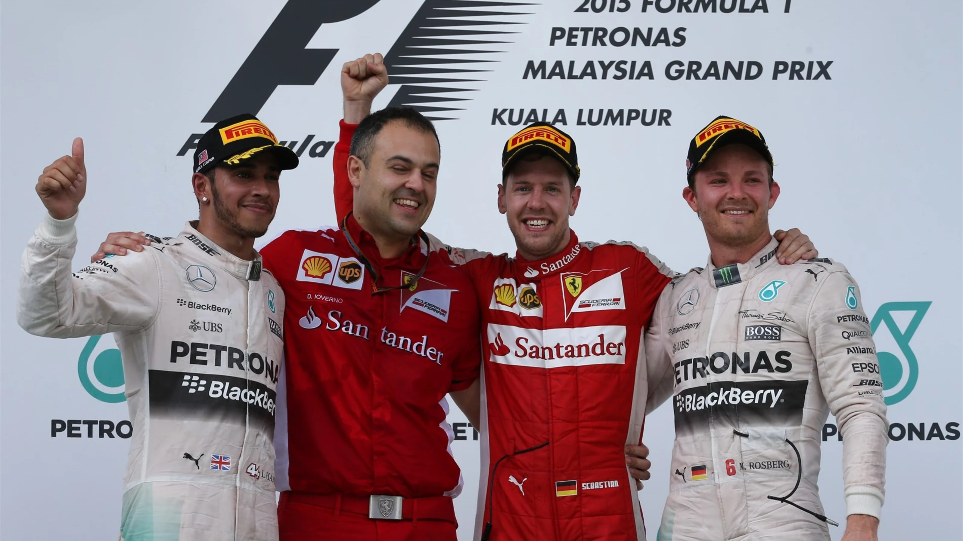 Podium (L to R): Second placed Lewis Hamilton (GBR) Mercedes AMG F1, Diego Ioverno (ITA) Ferrari