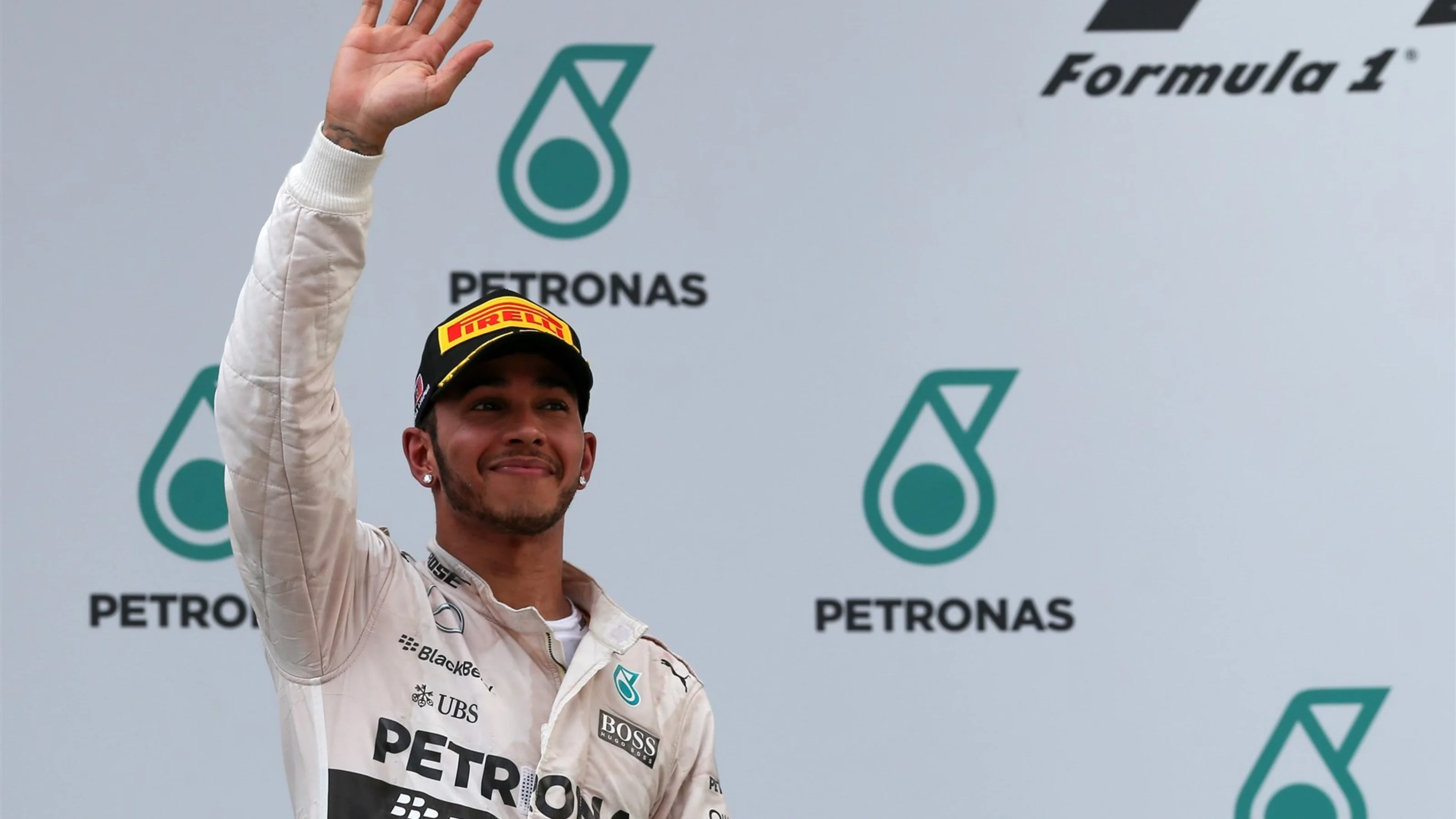 Lewis Hamilton (GBR) Mercedes AMG F1 celebrates on the podium at Formula One World Championship,