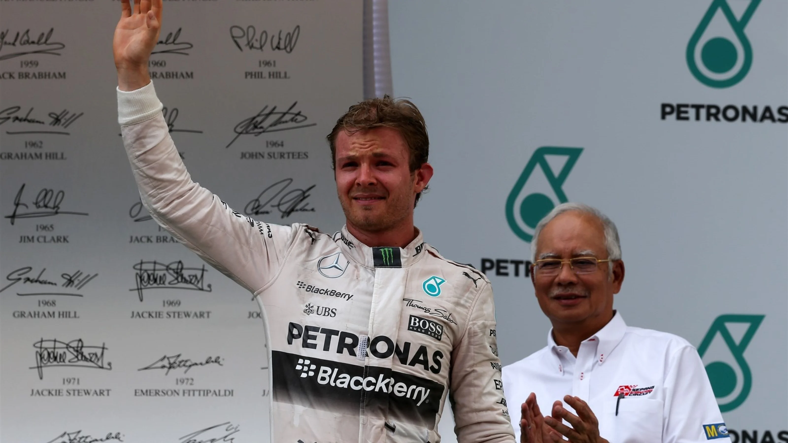 Nico Rosberg (GER) Mercedes AMG F1 celebrates on the podium at Formula One World Championship, Rd2,