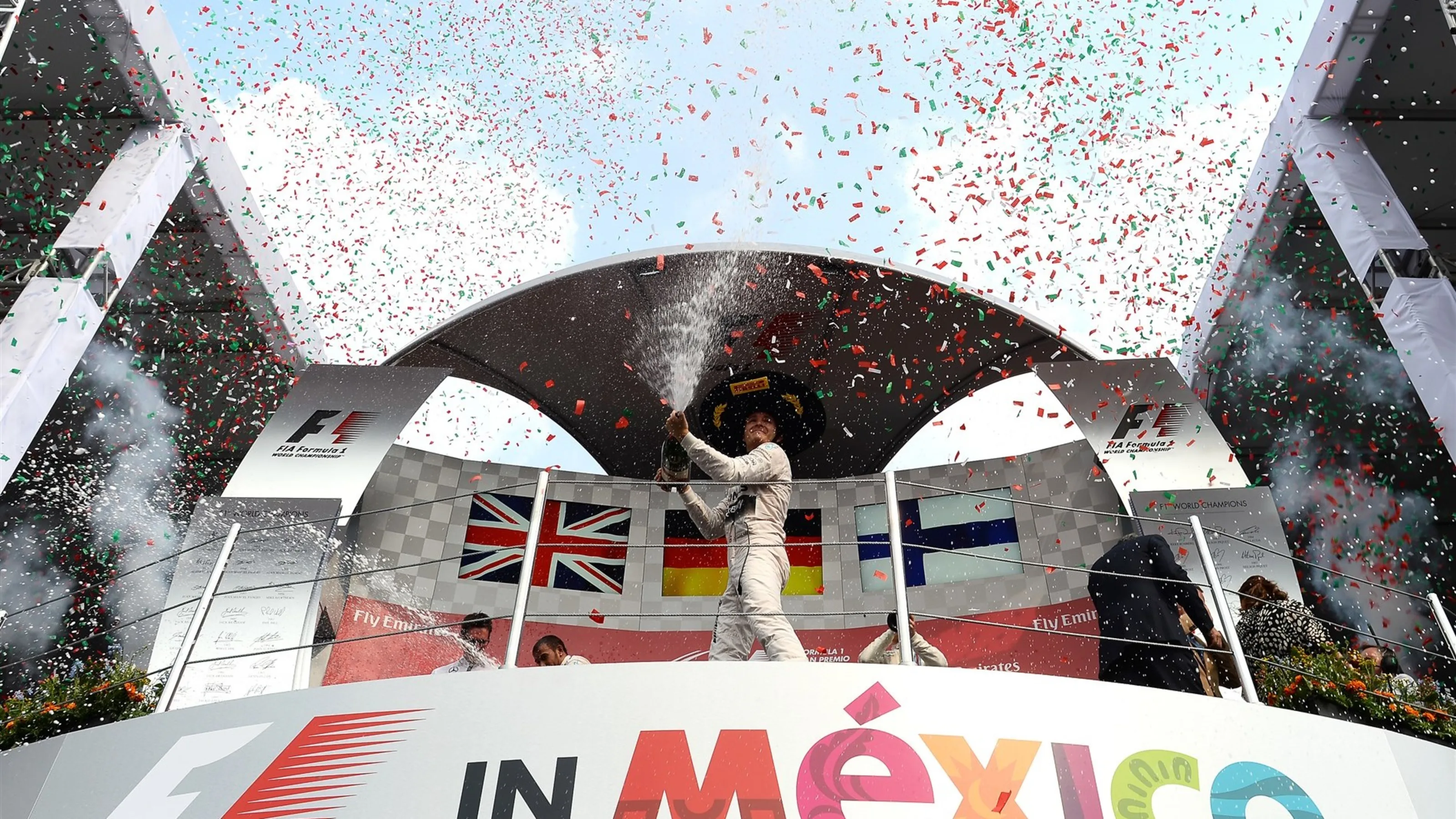Race winner Nico Rosberg (GER) Mercedes AMG F1 celebrates on the podium at Formula One World