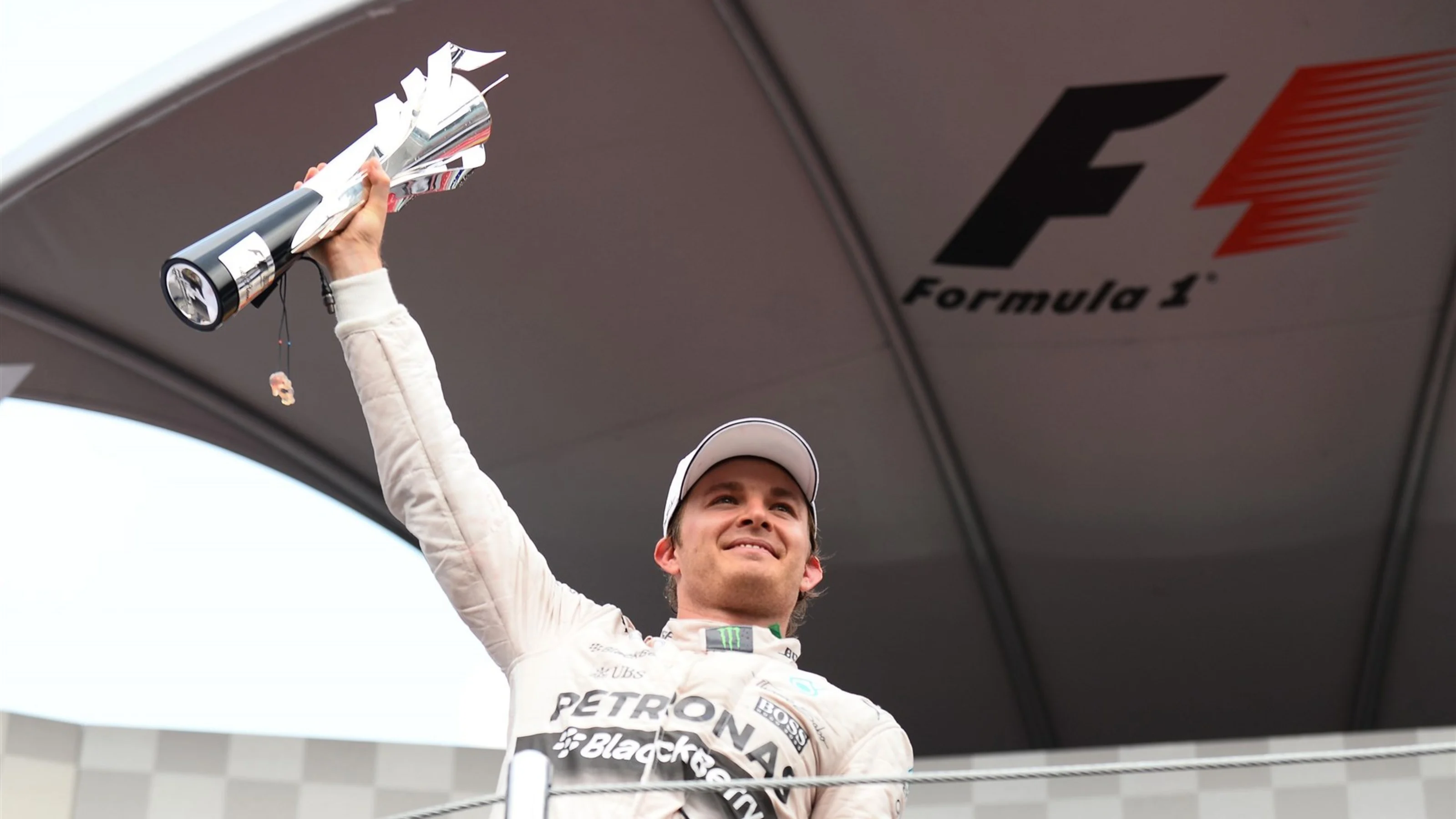 Race winner Nico Rosberg (GER) Mercedes AMG F1 celebrates on the podium at Formula One World