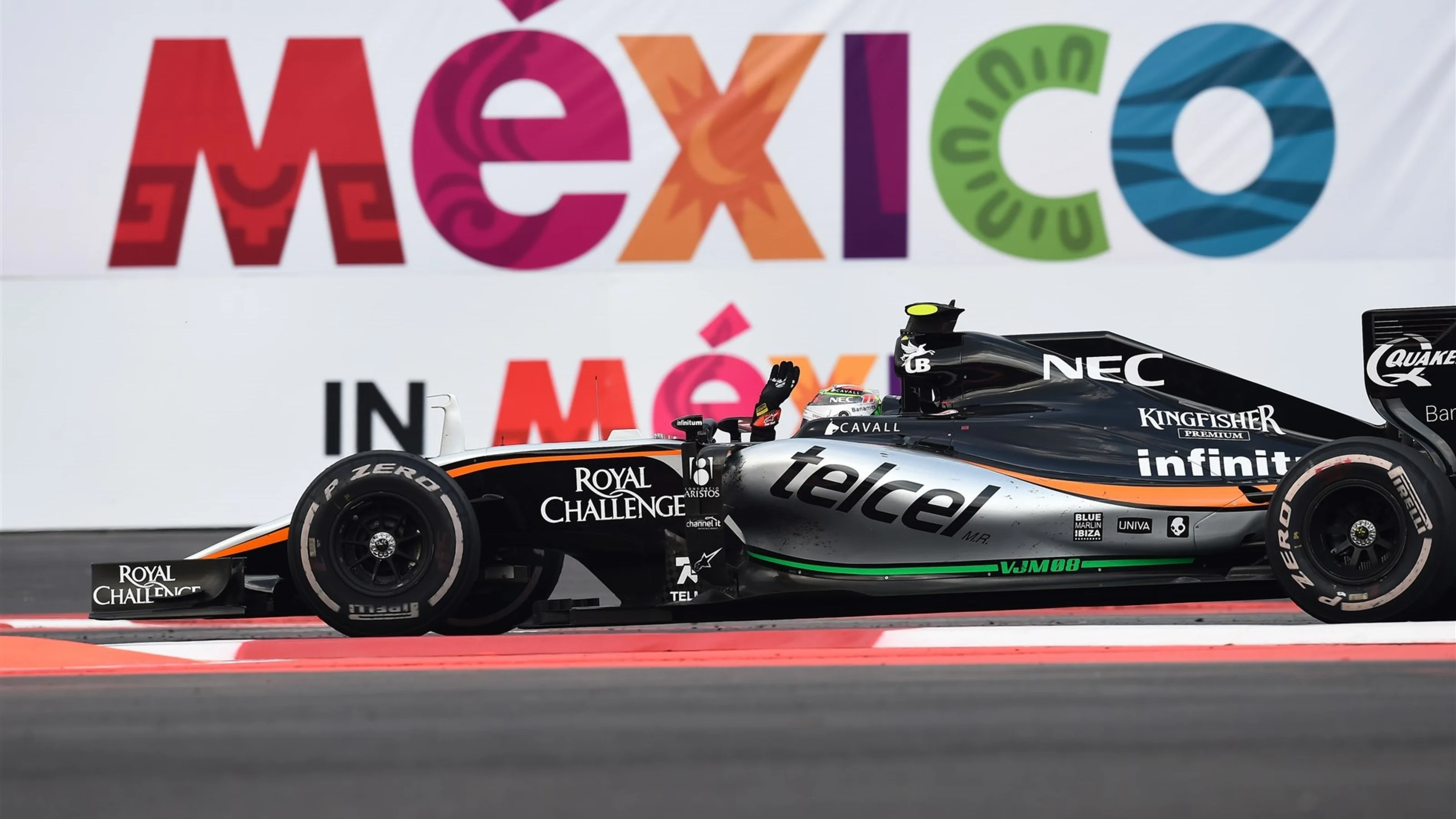 Sergio Perez (MEX) Force India VJM08 celebrates at the end of the race at Formula One World