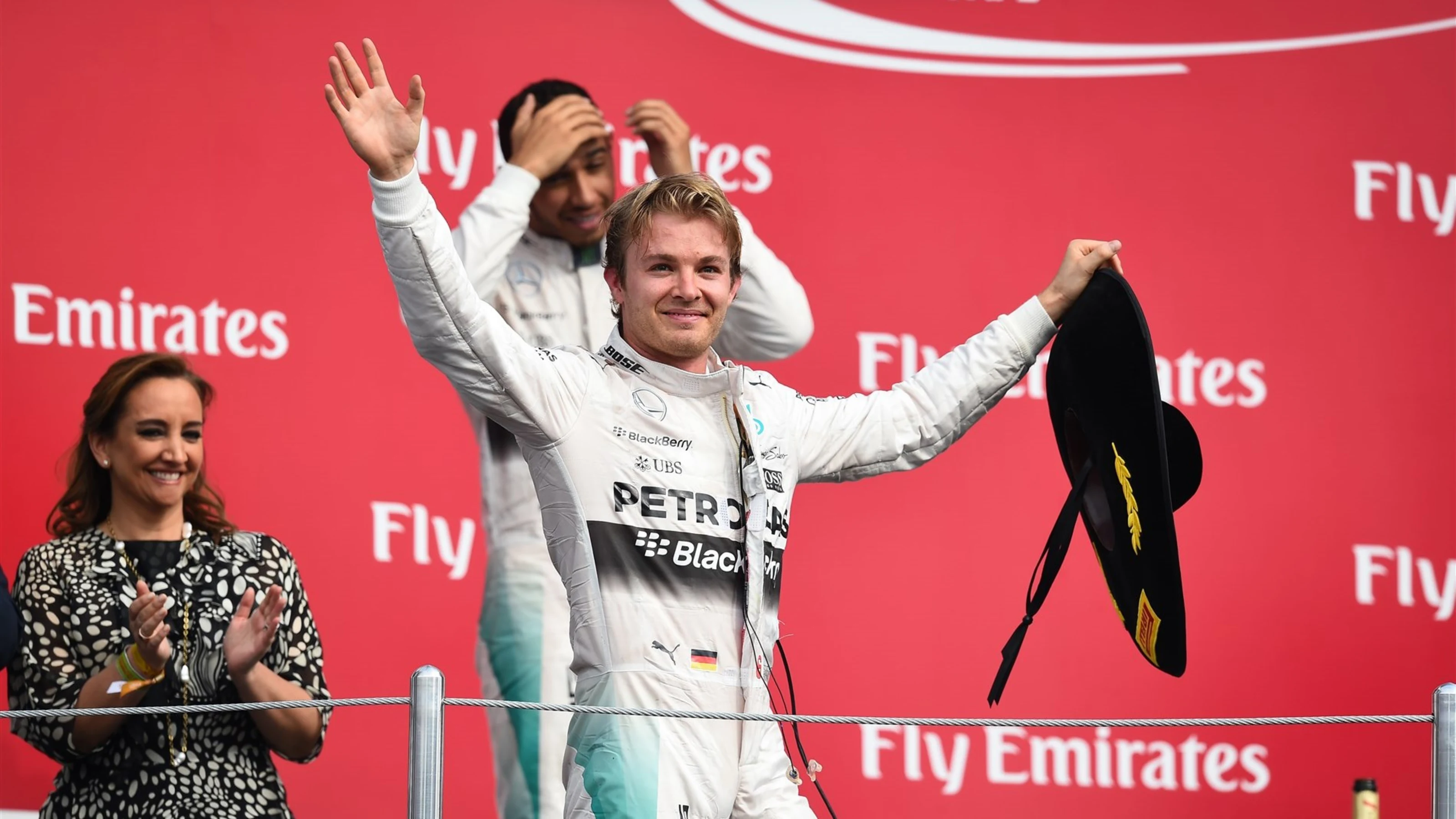 Race winner Nico Rosberg (GER) Mercedes AMG F1 celebrates on the podium at Formula One World