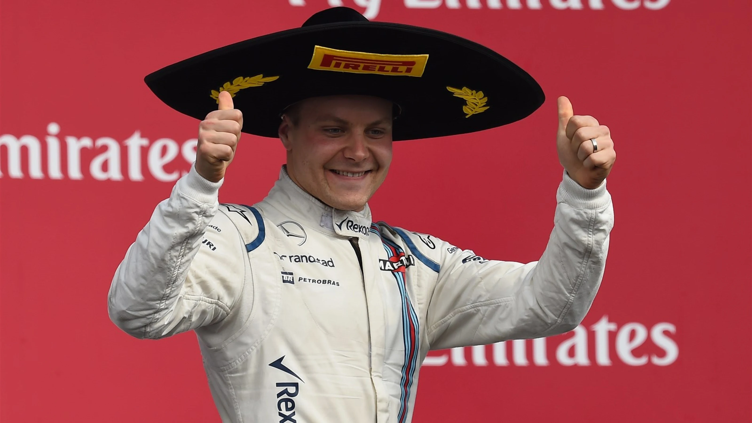 Valtteri Bottas (FIN) Williams celebrates on the podium at Formula One World Championship, Rd17,