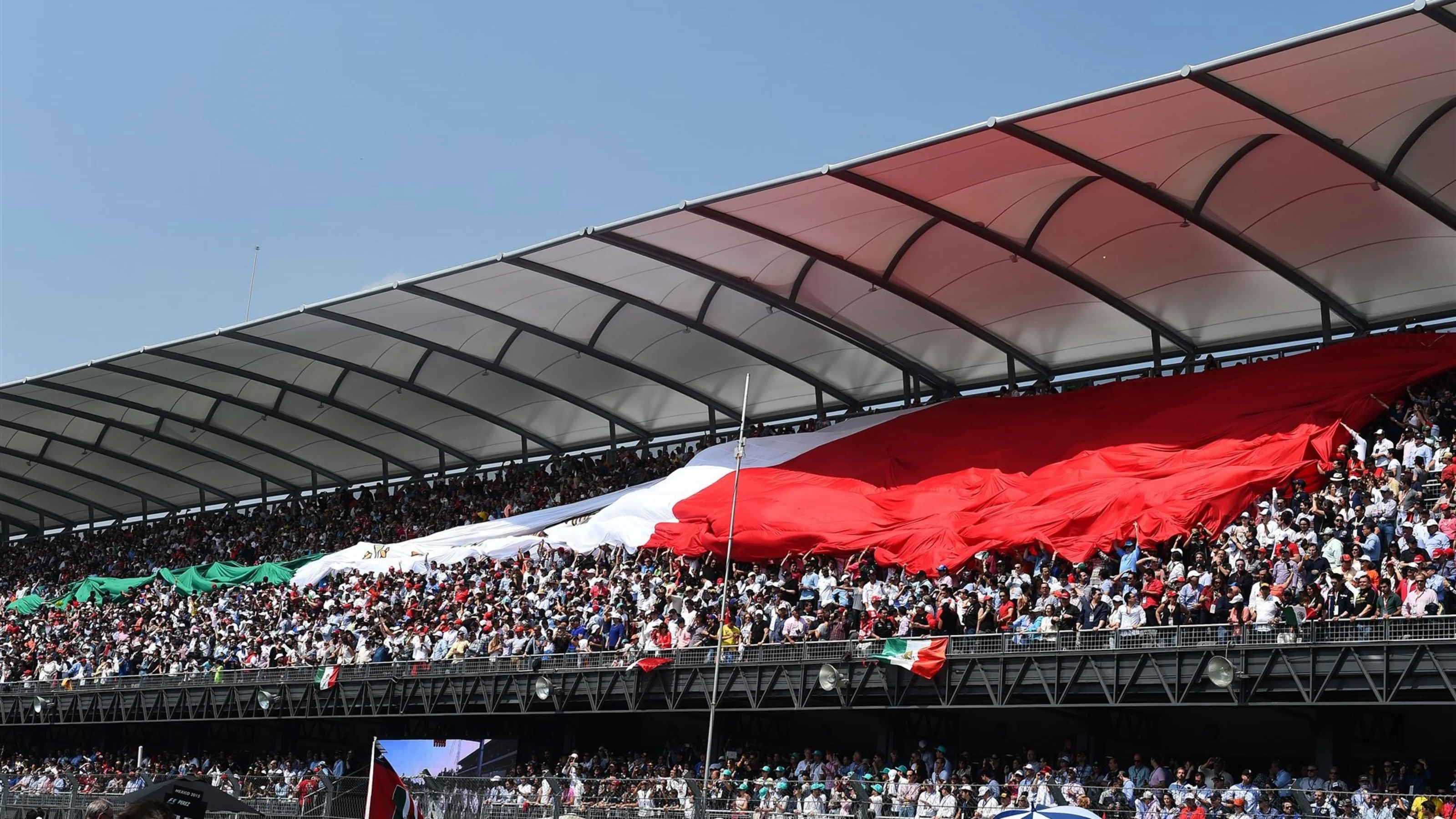 Fans and giant flag at Formula One World Championship, Rd17, Mexican Grand Prix, Race, Circuit