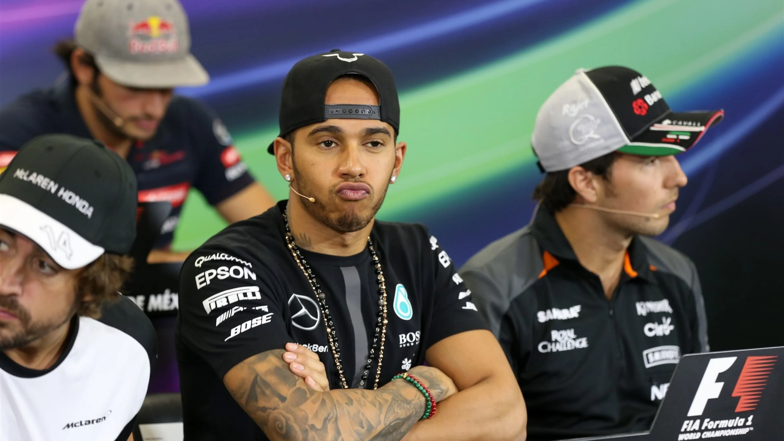 Lewis Hamilton (GBR) Mercedes AMG F1 during the press conference at Formula One World Championship,