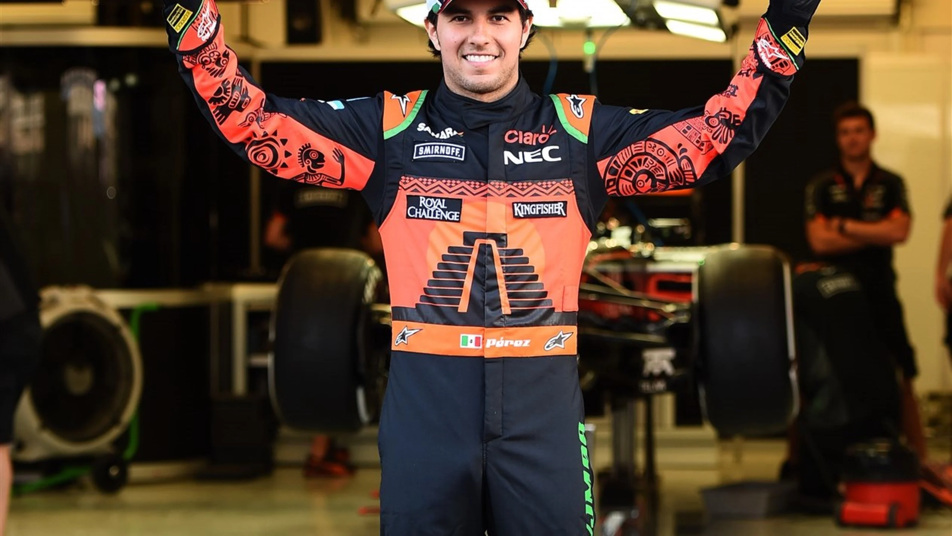 Sergio Perez (MEX) Force India with special edition, Mexican-themed Alpinestars racesuit at Formula