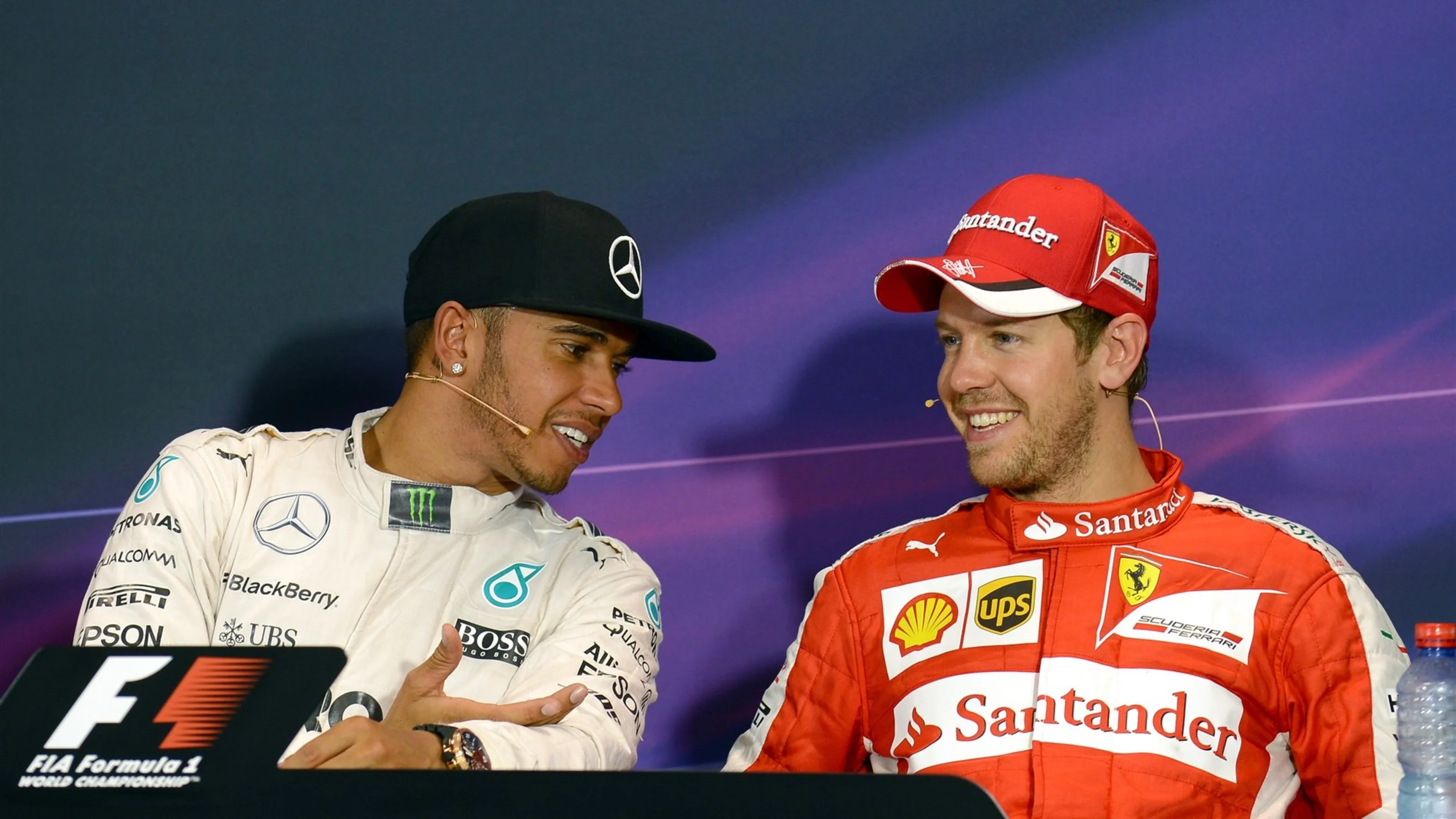Pole sitter Lewis Hamilton (GBR) Mercedes AMG F1 and Sebastian Vettel (GER) Ferrari at the