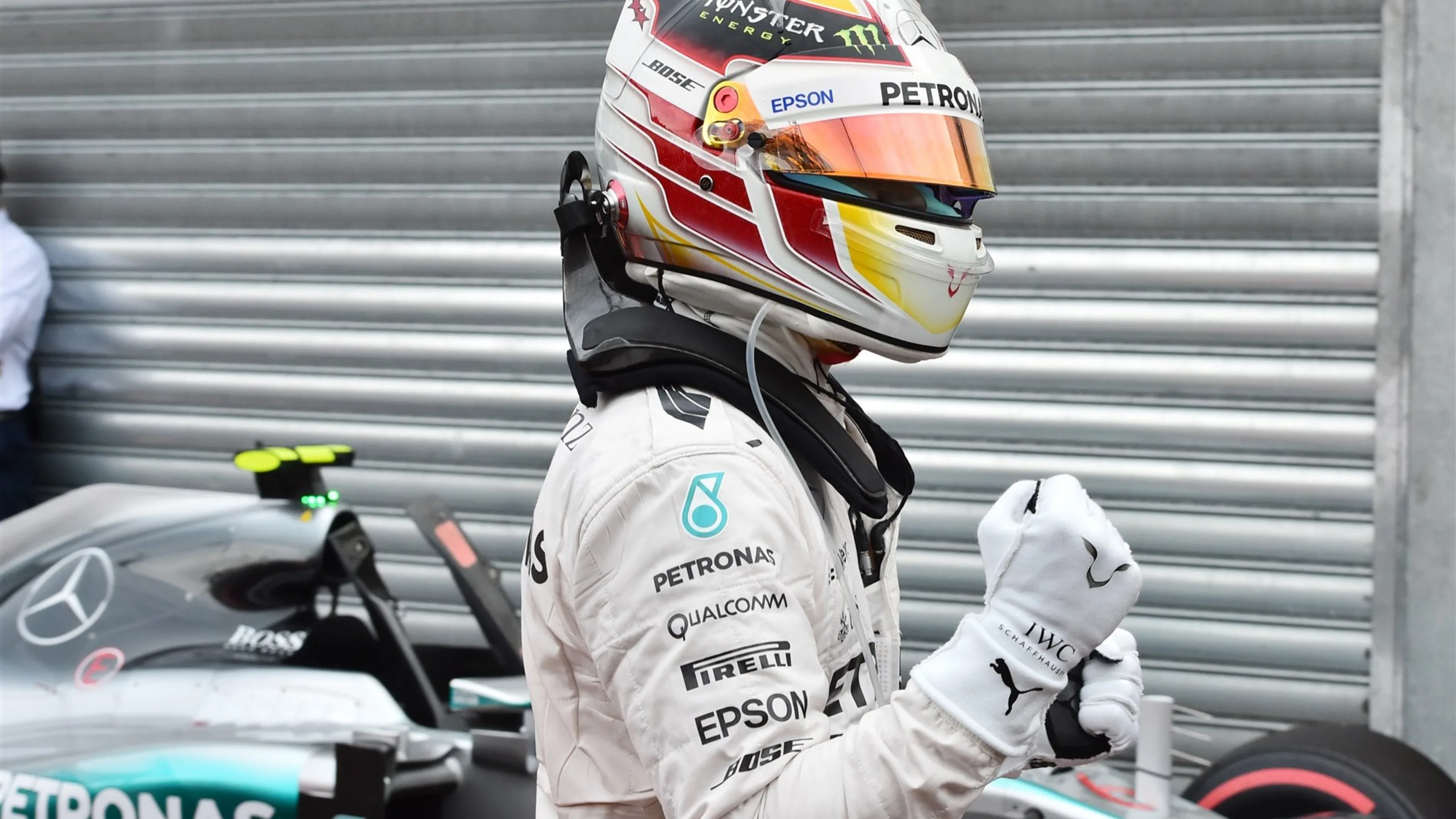 Lewis Hamilton (GBR) Mercedes AMG F1 celebrates pole position in Parc Ferme at Formula One World