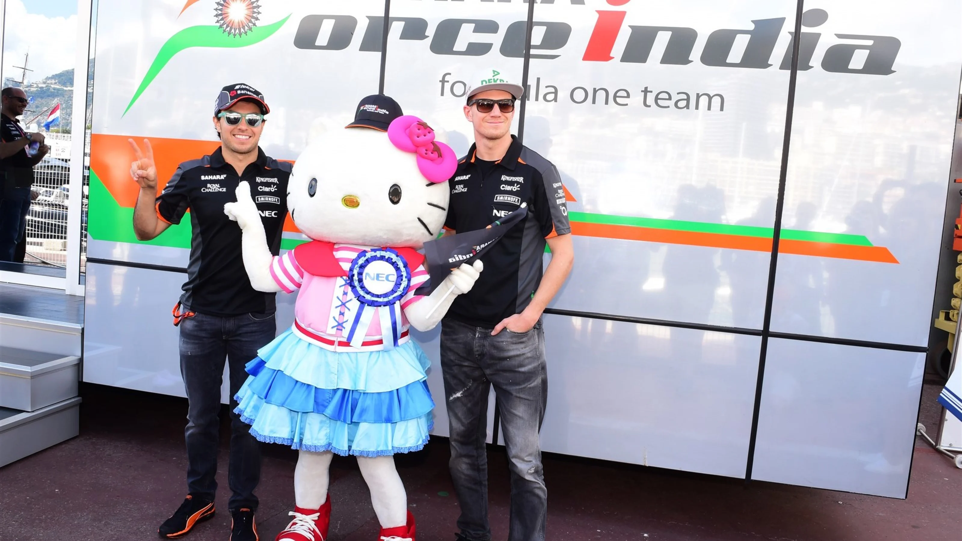 Hello kitty with the Sergio Perez (MEX) Force India and Nico Hulkenberg (GER) Force India F1 at