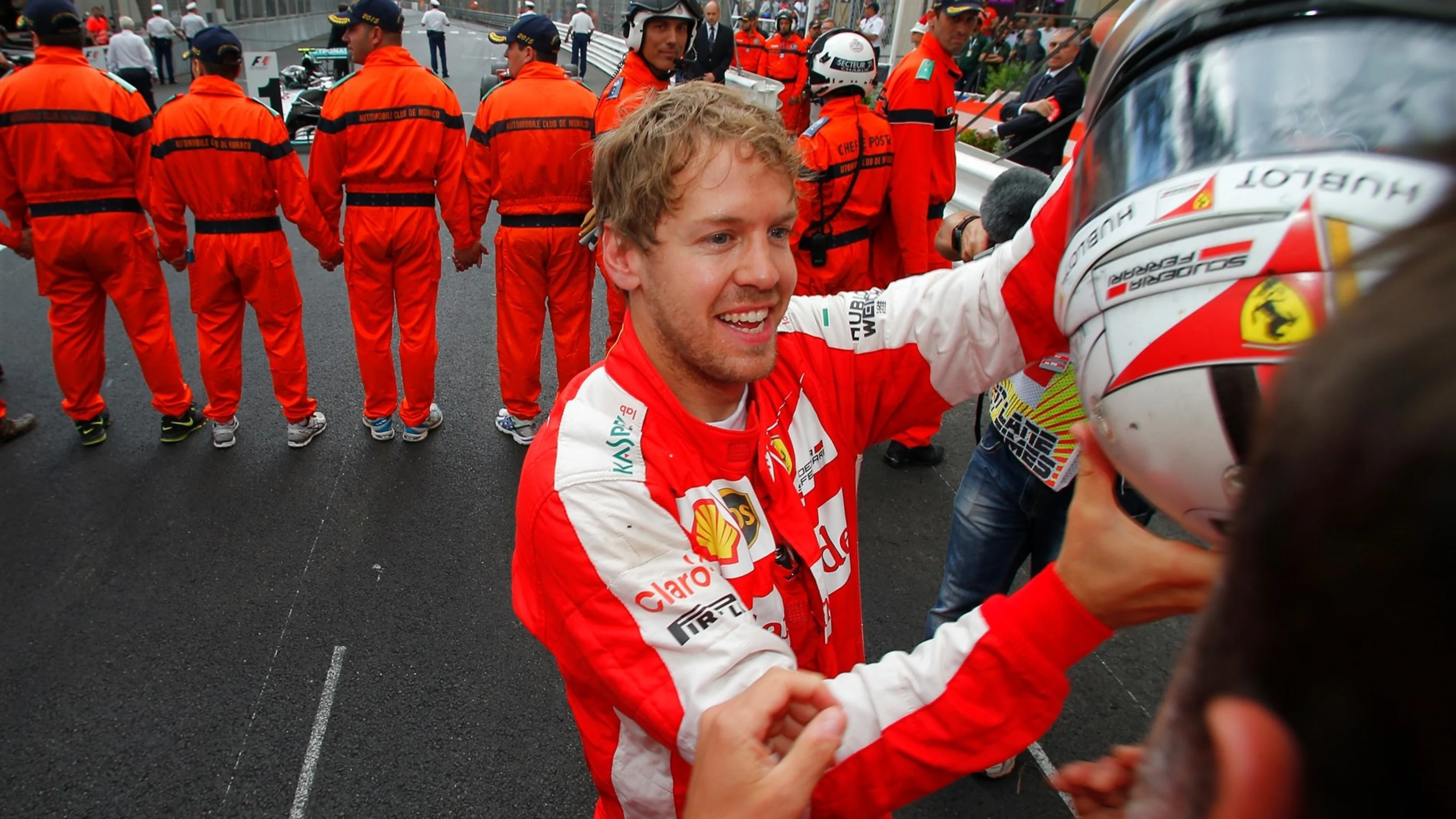 Sebastian Vettel (GER) Ferrari celebrates second place at Formula One World Championship, Rd6,