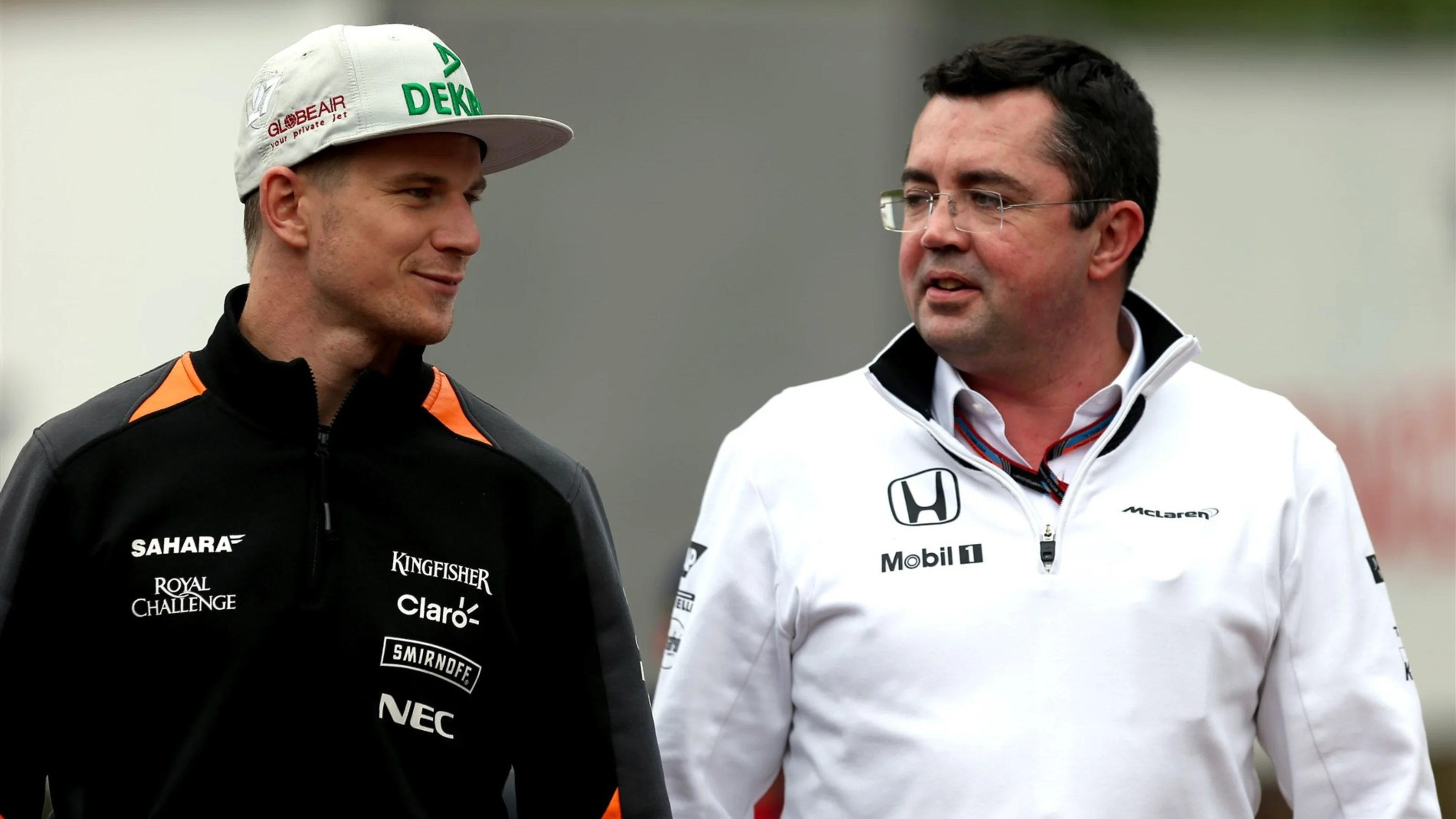 Nico Hulkenberg (GER) Force India and Eric Boullier (FRA) McLaren Racing Director at Formula One