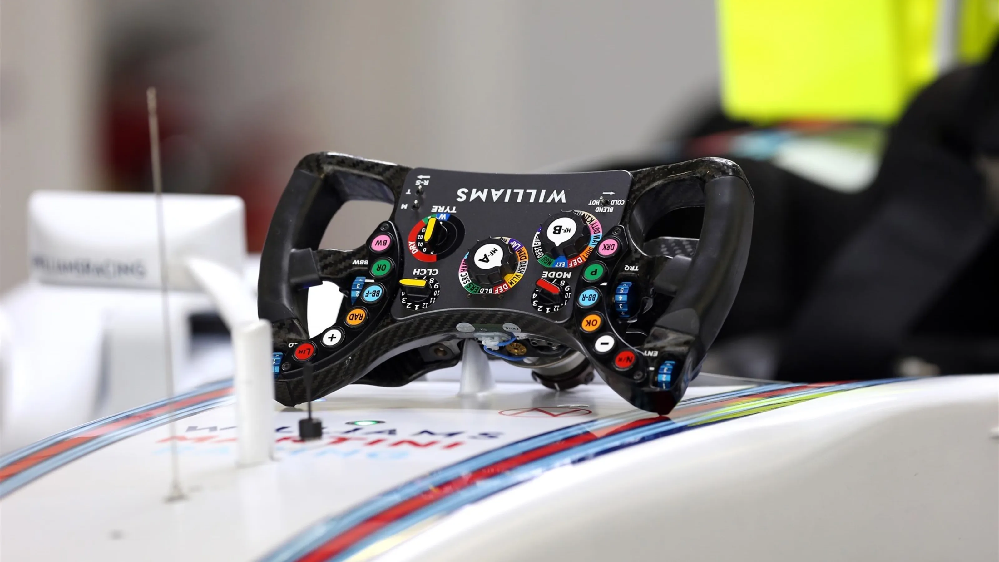 Williams FW37 steering wheel detail at Formula One World Championship, Rd15, Russian Grand Prix,