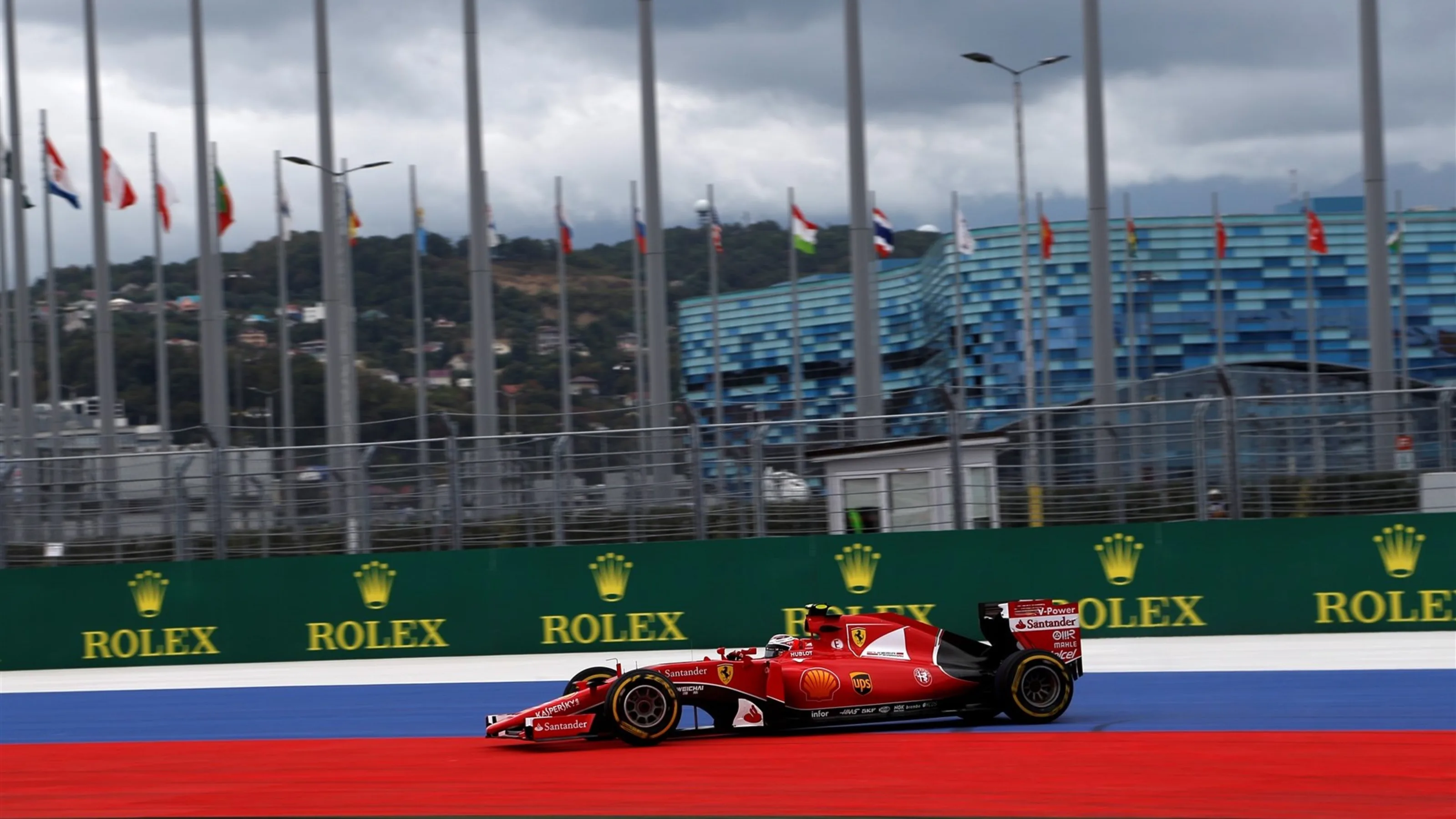 Kimi Raikkonen (FIN) Ferrari SF15-T runs wide at Formula One World Championship, Rd15, Russian
