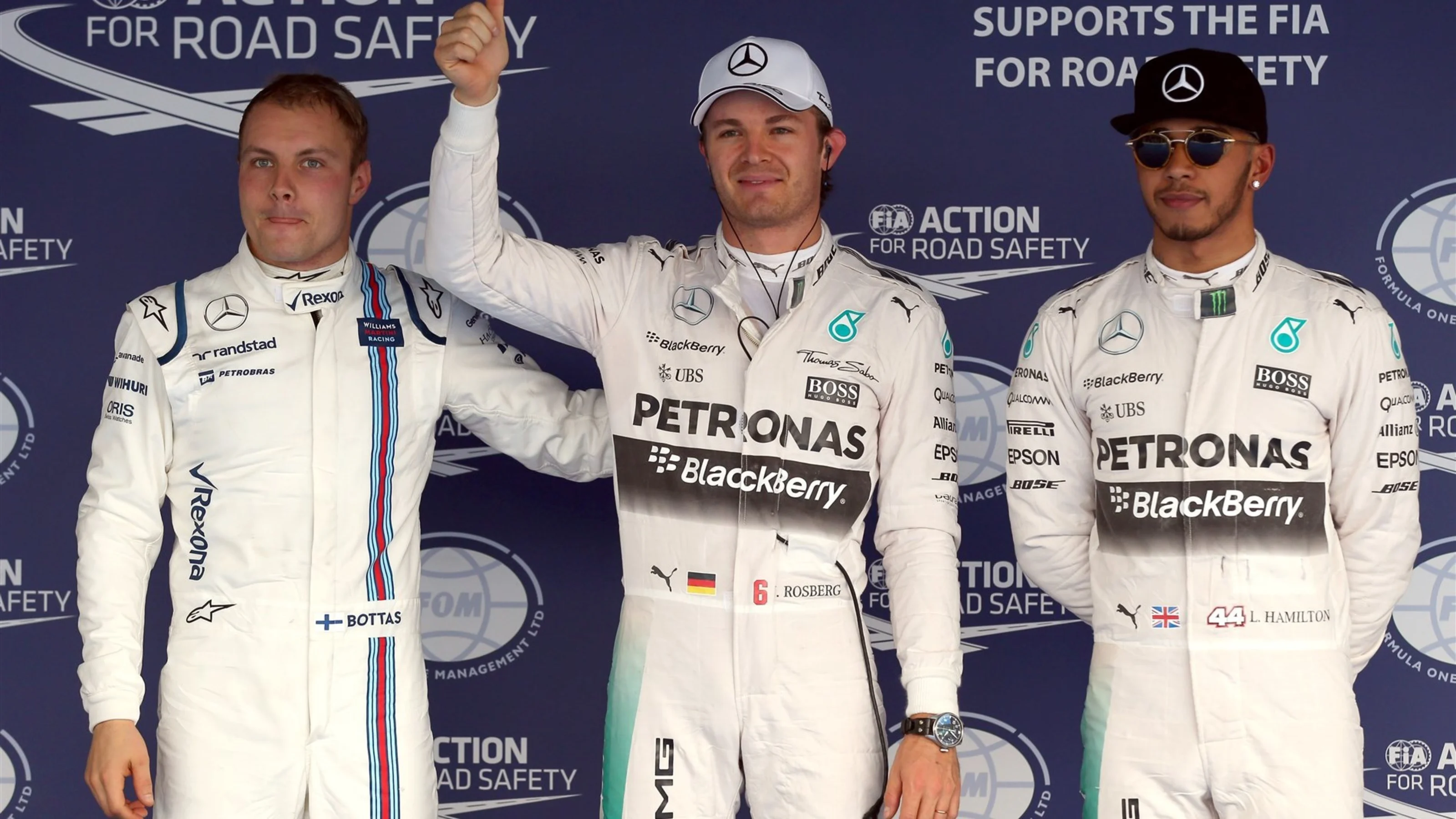 (L to R): Valtteri Bottas (FIN) Williams, Pole sitter Nico Rosberg (GER) Mercedes AMG F1 and Lewis
