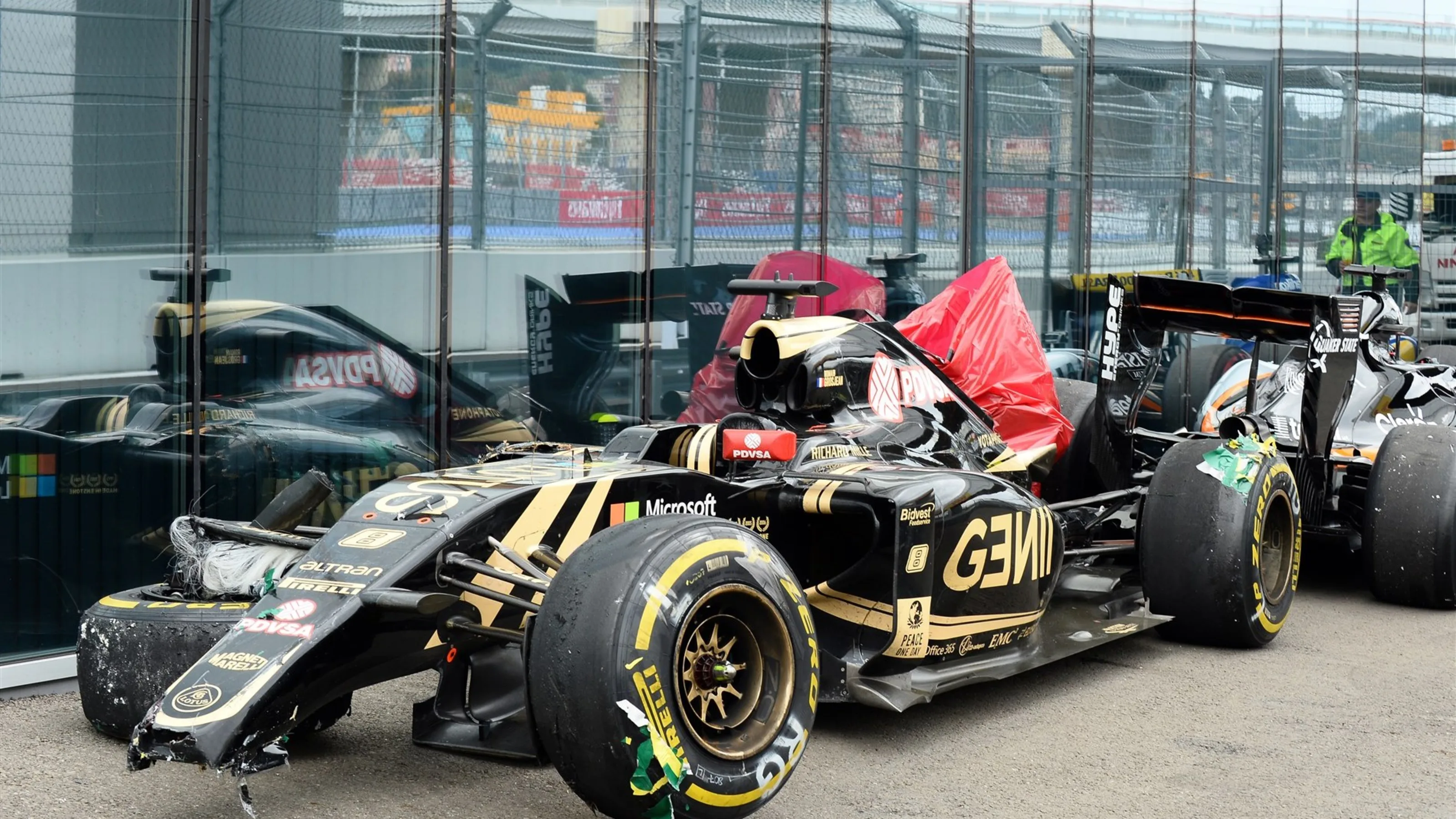The recovered car of Romain Grosjean (FRA) Lotus E23 Hybrid after crashing out of the race at