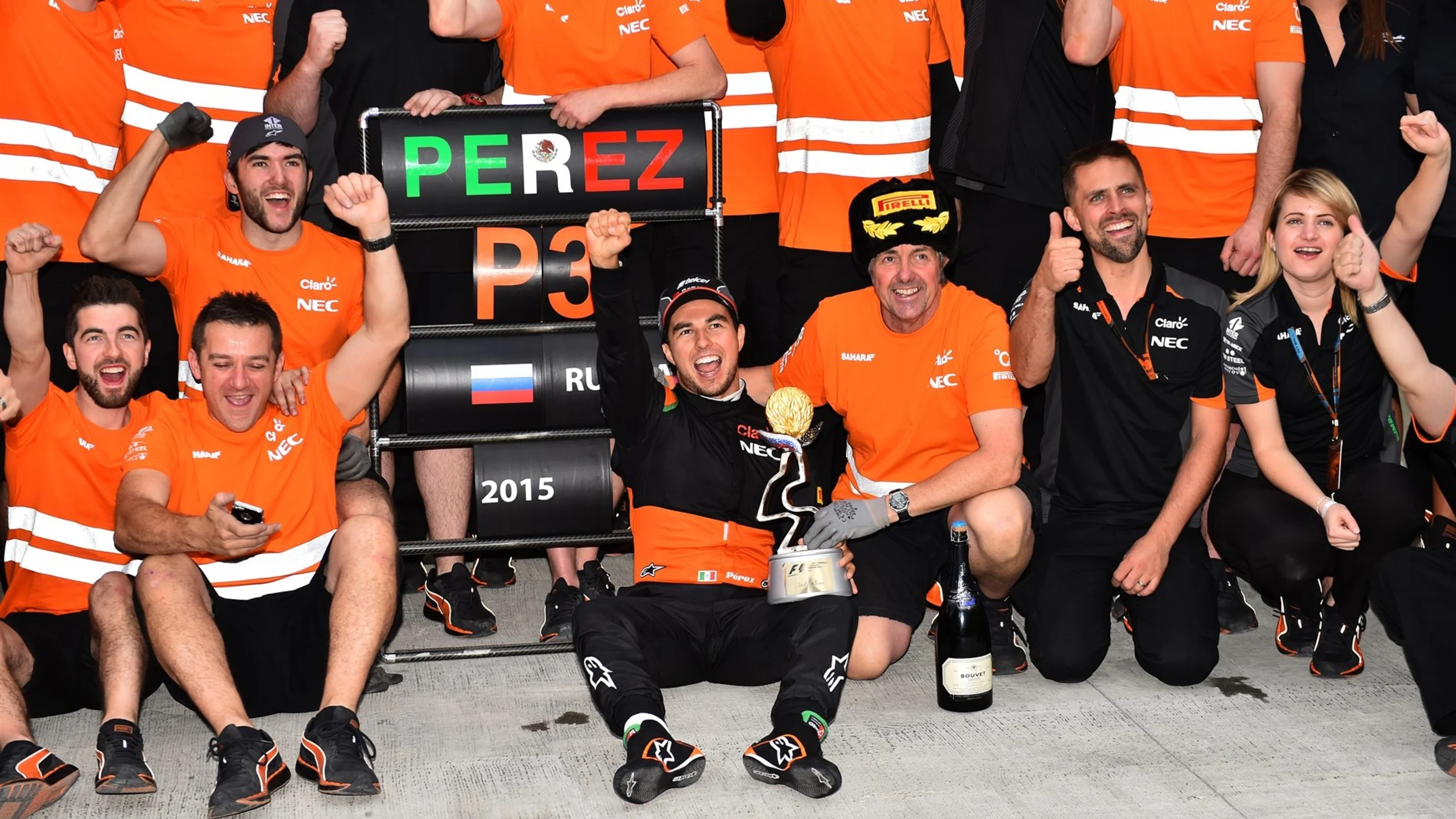 Third placed Sergio Perez (MEX) Force India celebrates with the team at Formula One World