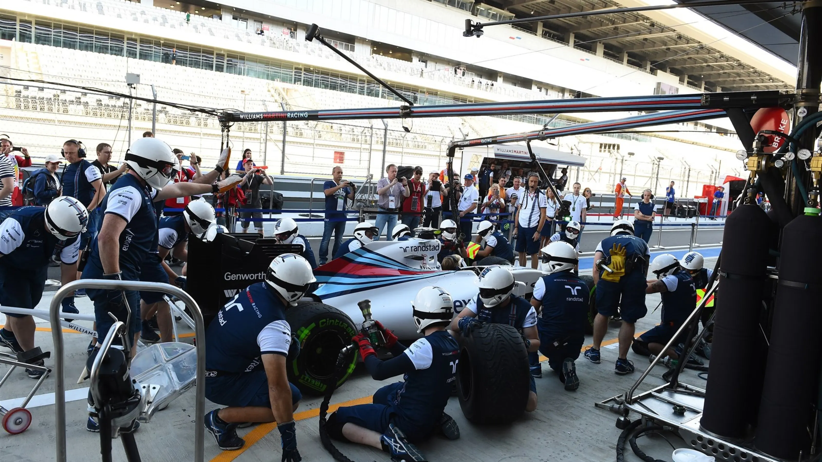 Williams pit stop practice at Formula One World Championship, Rd15, Russian Grand Prix,