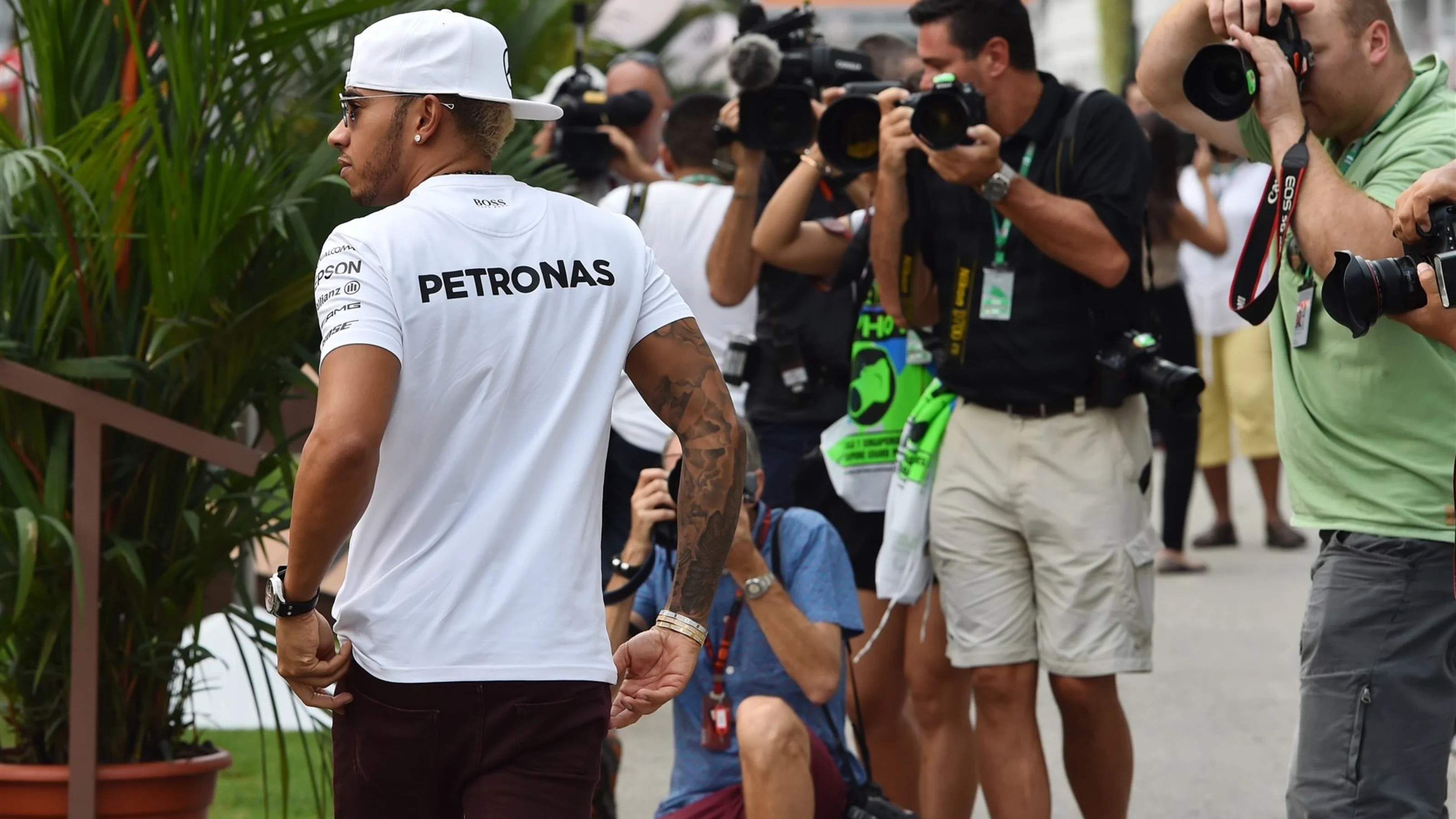 Lewis Hamilton (GBR) Mercedes AMG F1 and photographers at Formula One World Championship, Rd13,