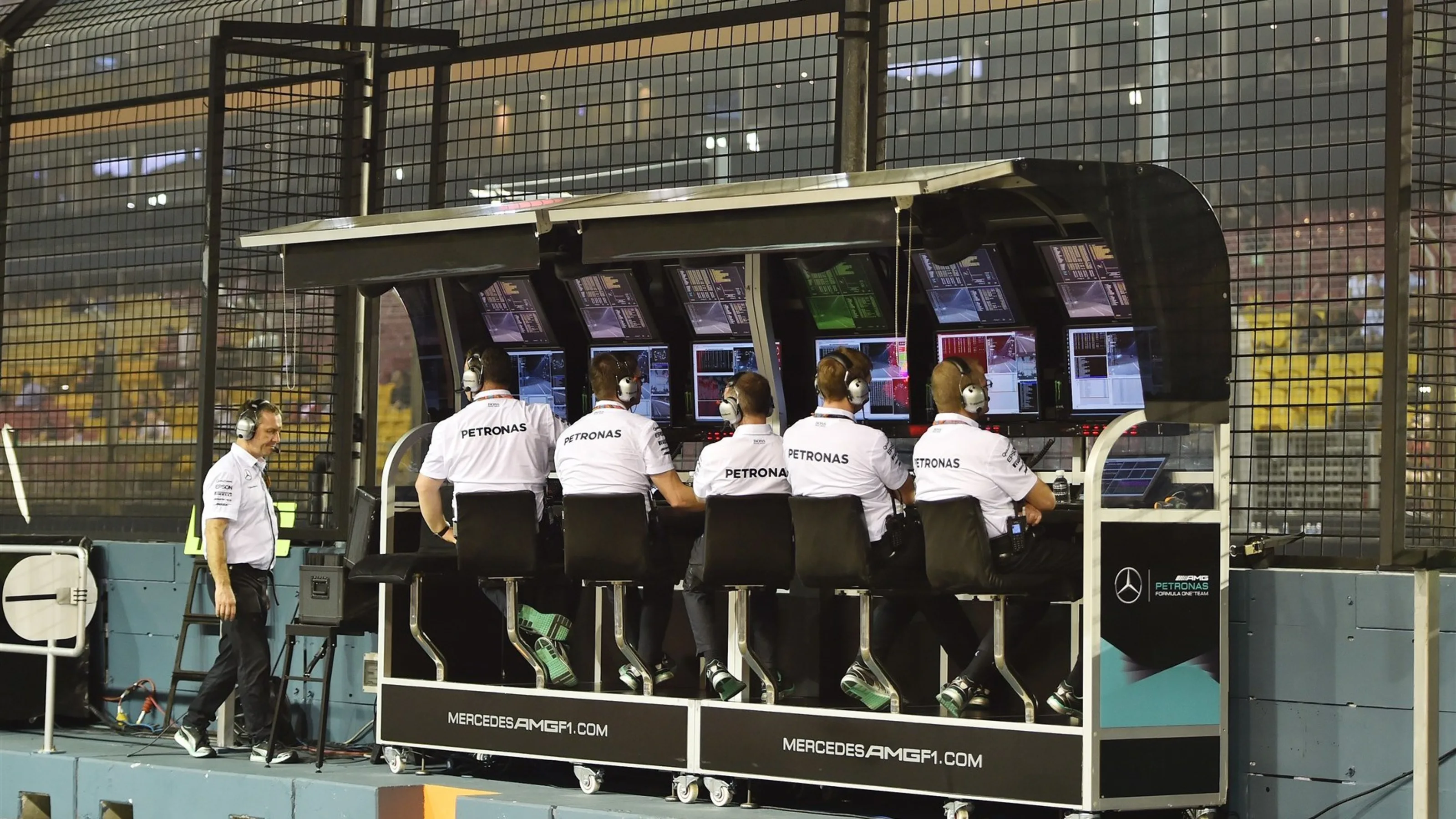 Mercedes AMG F1 pit wall gantry at Formula One World Championship, Rd13, Singapore Grand Prix,