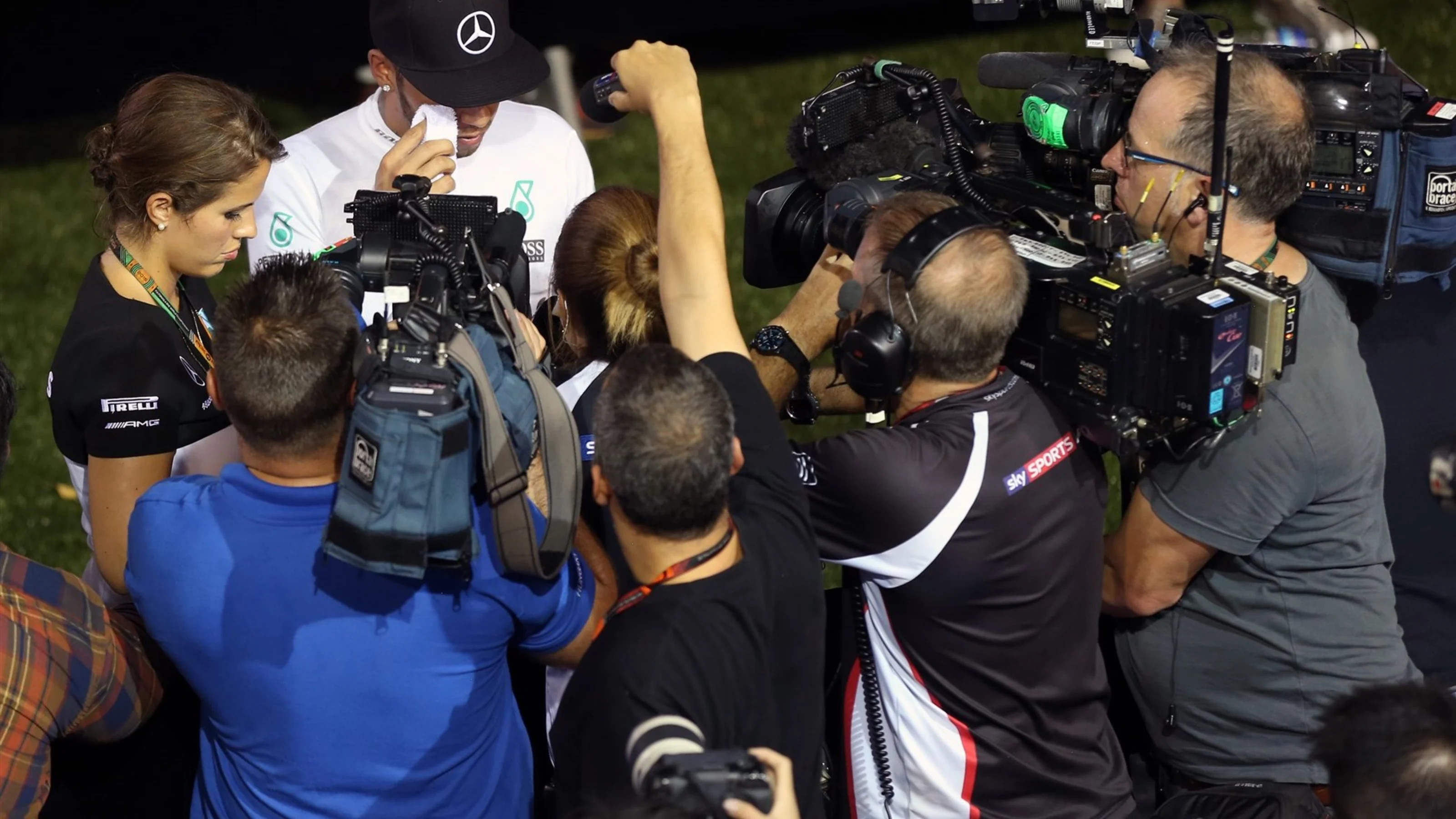 Lewis Hamilton (GBR) Mercedes AMG F1 speaks to the media at Formula One World Championship, Rd13,