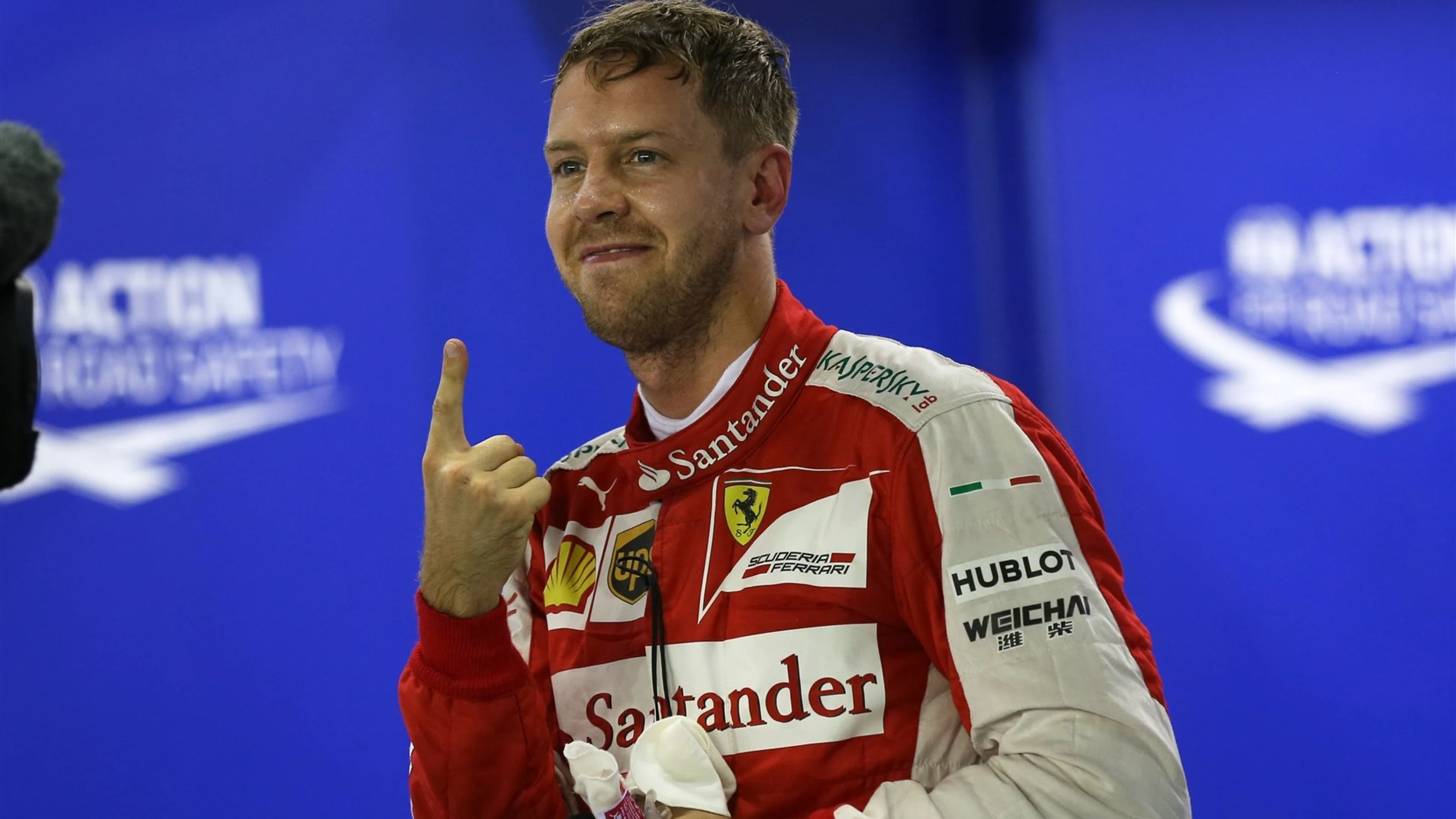 Pole sitter Sebastian Vettel (GER) Ferrari celebrates in parc ferme at Formula One World