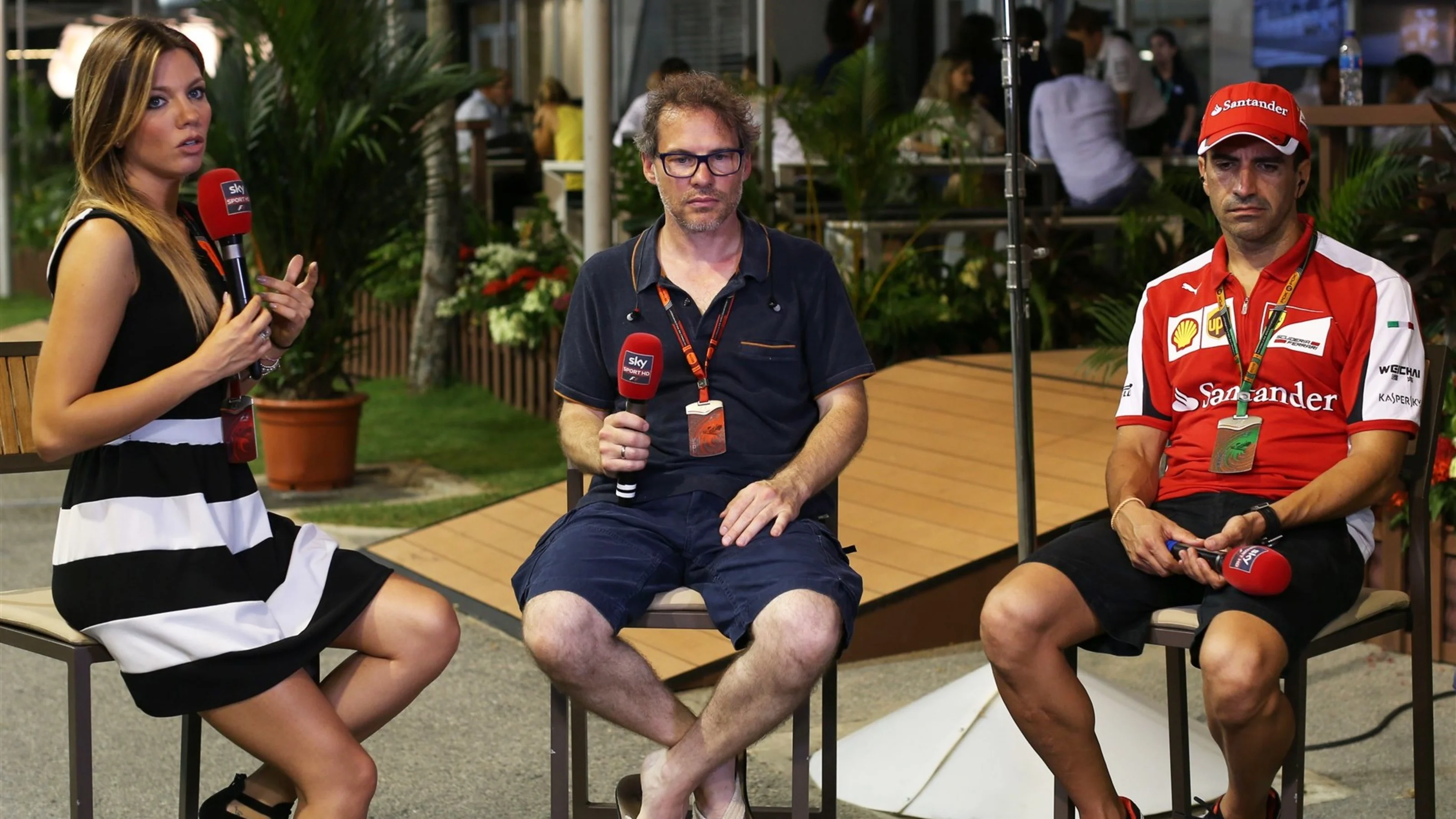 Federica Masolin (ITA) Sky Italia Presenter, Jacques Villeneuve (CDN) Sky Italia and Marc Gene