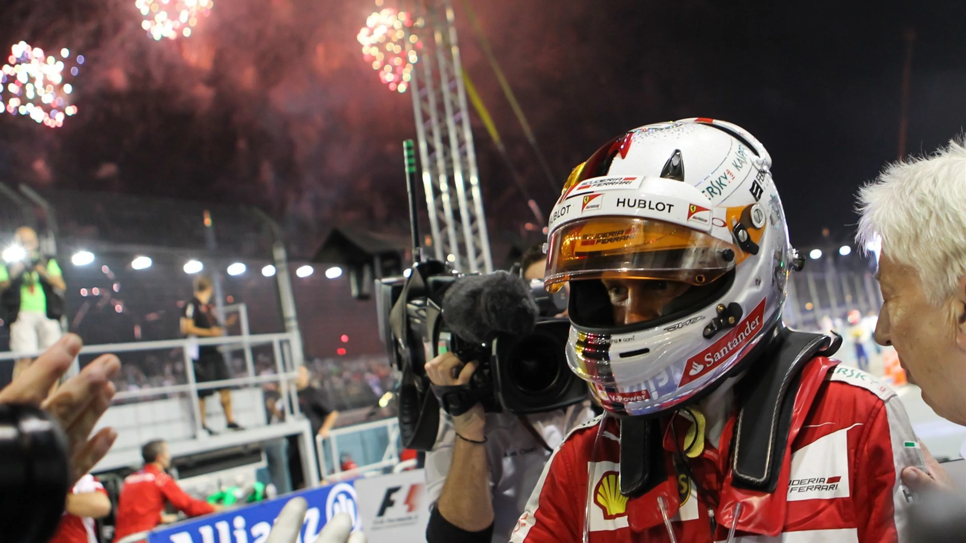 Race winner Sebastian Vettel (GER) Ferrari celebrates in the parc ferme at Formula One World